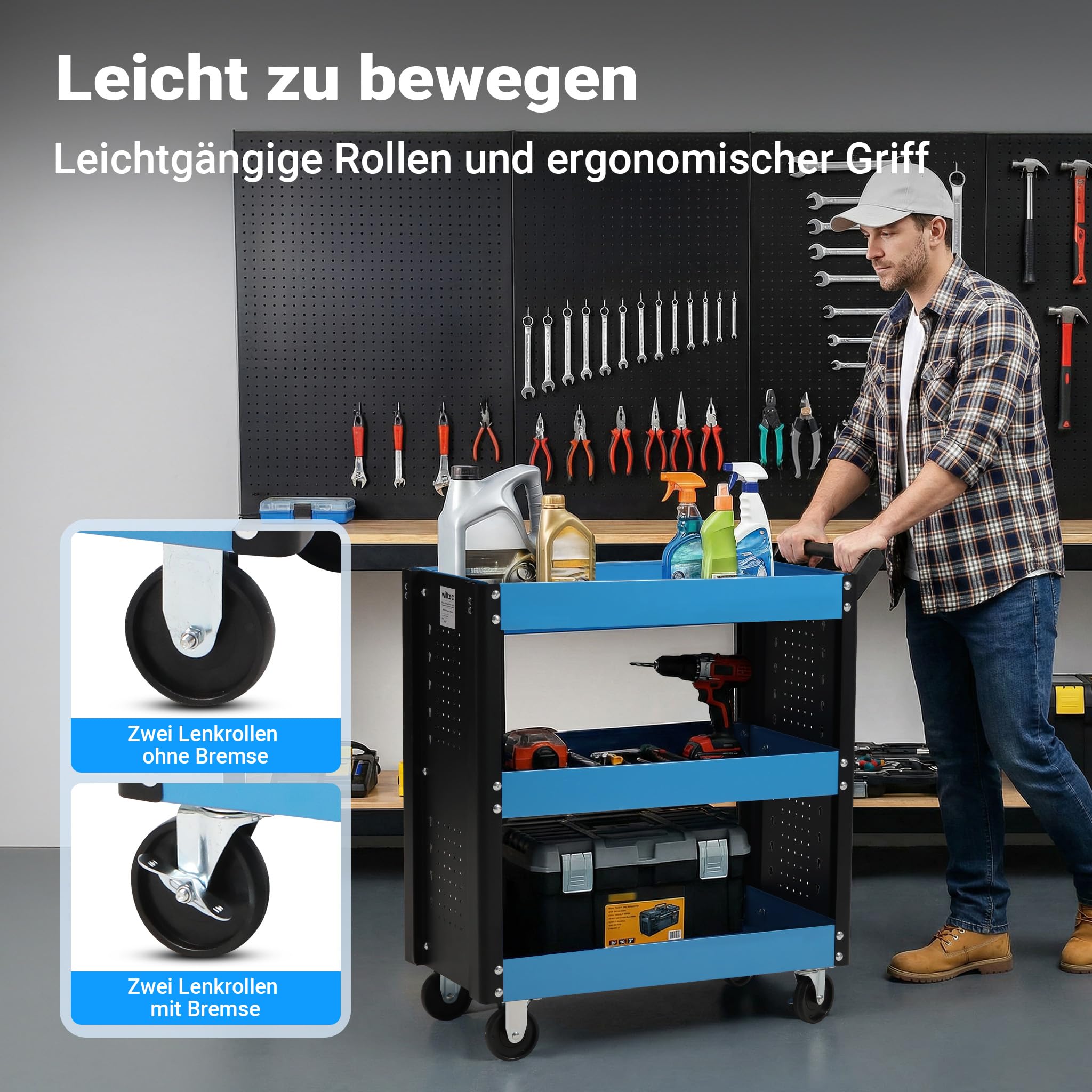 Wiltec Werkstattwagen mit 3 Etagen, 150 kg, 83x38x90 cm, Handgriff, Kunststoffreifen, Bremsen, Ablageflächen mit erhöhtem Rand, Werkzeugwagen, Rollwagen