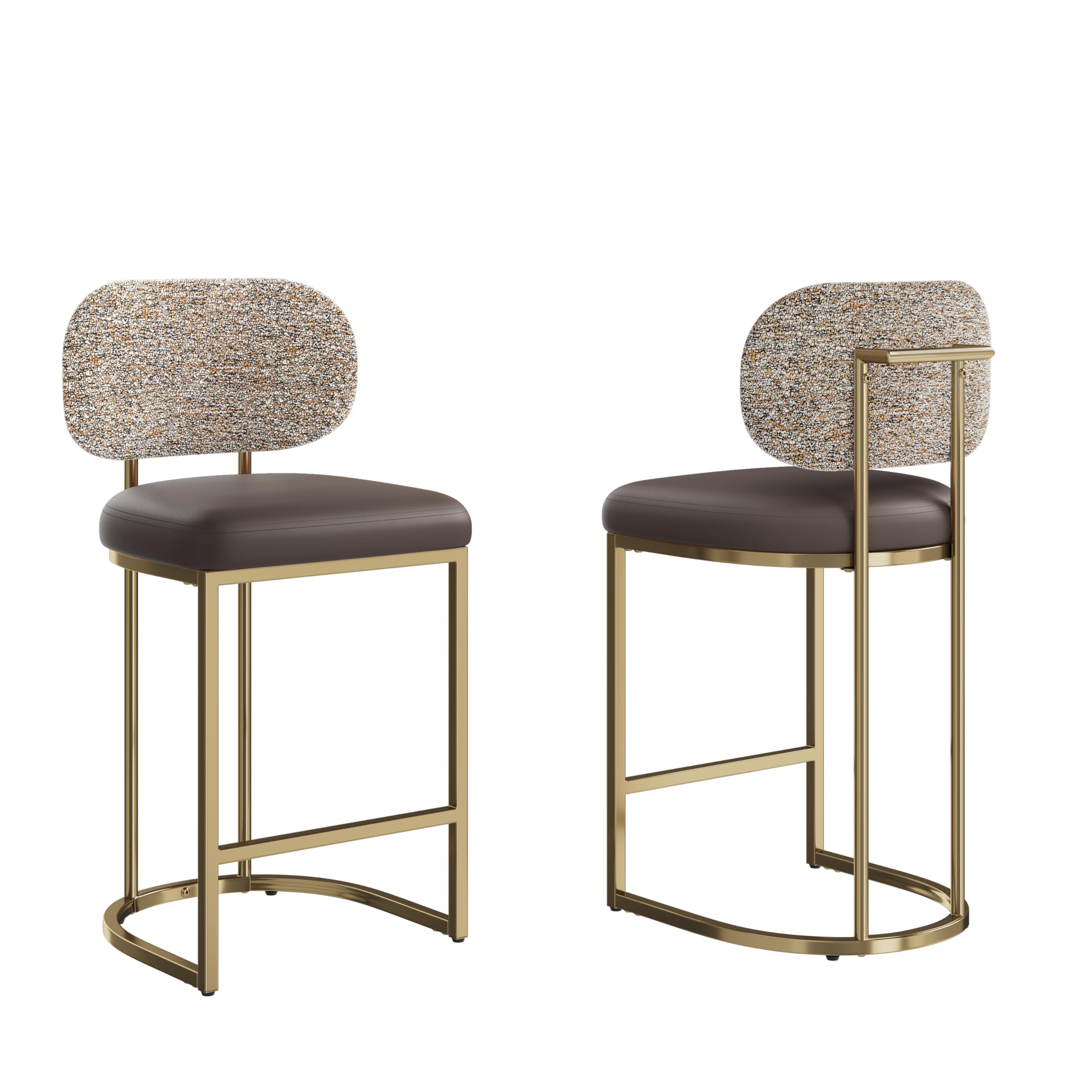 ALPHA HOME Bar Stools Set of 2 Counter Chairs with Backs, 63CM Upholstered Faux Leather Breakfast BarStools with 9 CM Seat, Mid Century Modern Bar Chairs Kitchen Stool, Grey-Gold
