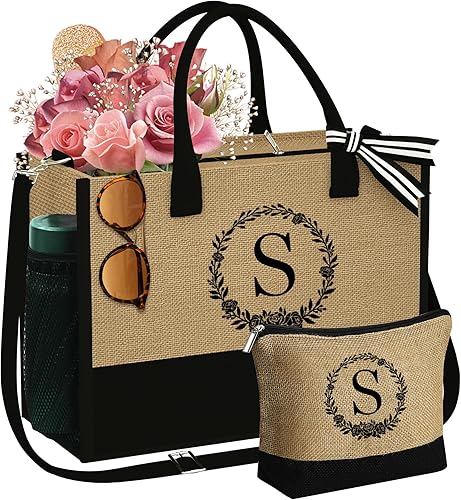 Bolsa de yute personalizada con monograma y bolsa de maquillaje, regalos para mujeres, mamá, amiga, dama de honor, cumpleaños