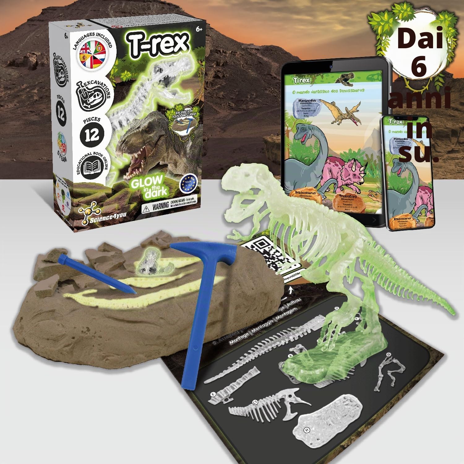 Science4you Kit Dinosauri T-Rex - Fossili da Scavare Che Si Illumina al Buio, Gioco di Dinosauro per Bambini +6, Dinosauro Giocattolo da Construire, Giochi, Regalo per Bambino y Bambina 6+ Anni
