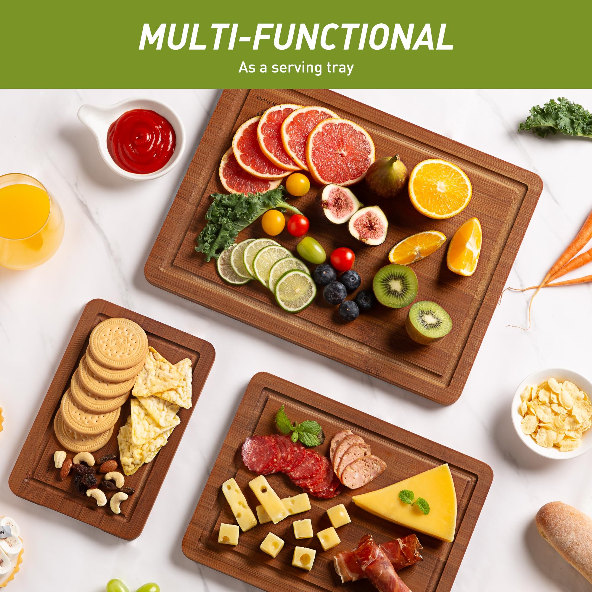 Socisen Juego de tablas de cortar de bambú de 3 piezas con pies antideslizantes y sobre el fregadero, tablero de madera maciza, ranuras gruesas para jugo, extragrande, grande, pequeña, la mejor