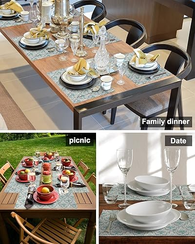 Miniatura 5 de Teal Da-mask Table Placemats for Dining Table Set of 6,Cotton Linen Cloth Kitchen Place Mats with Pocket,Washable SquareRectangleRoundOblong Table