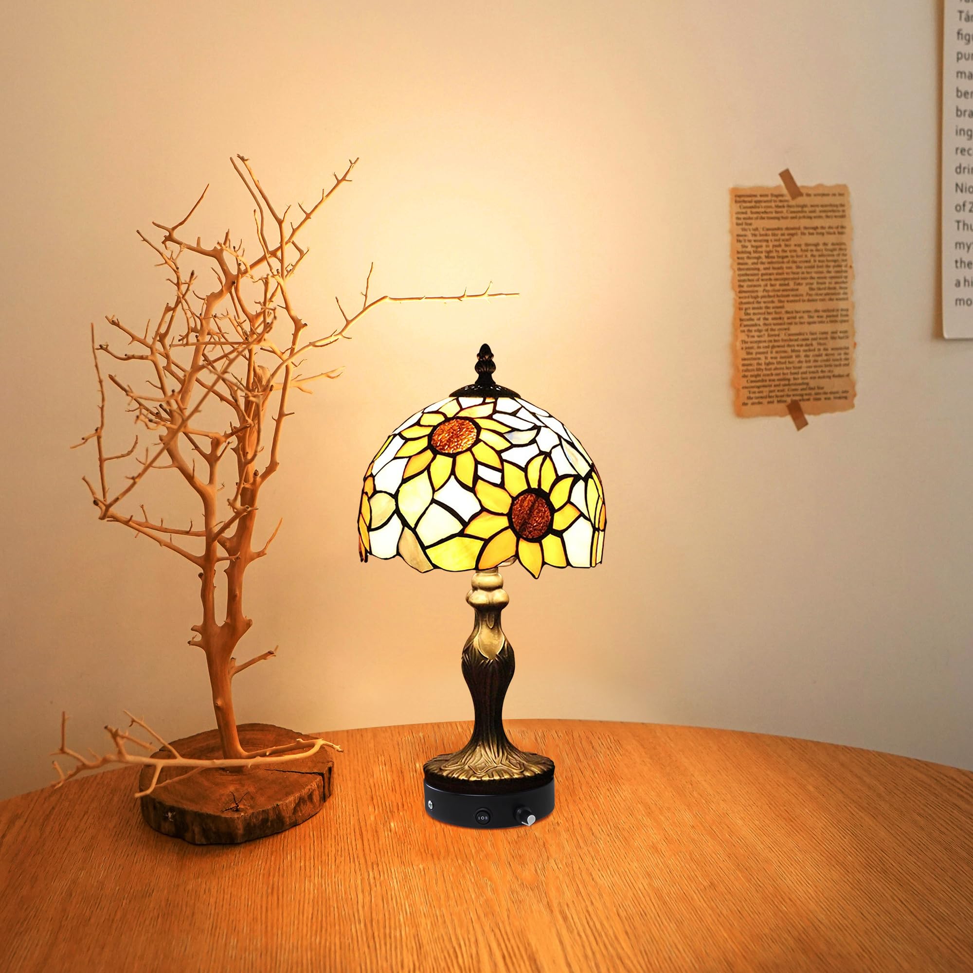 Tiffany-Stil Tischlampe Kabellos Warmweißes, Wiederaufladbar Tischleuchte, Dimmbar Nachttischlampe mit Glasschirm für Nachttisch Esszimmer Schlafzimmer -TD0867