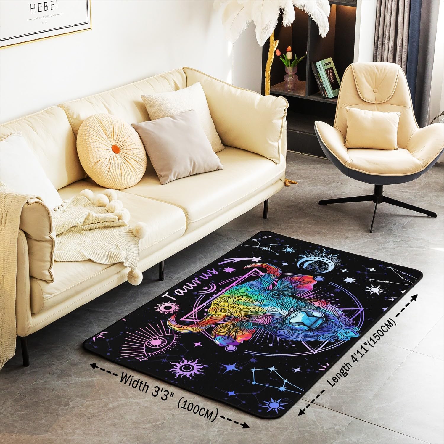 Manfei Taurus Area Rug Trippy Astrology Sun Moon Star Floor Mats, 12 Constellations Zodiac Decorative Rug for Living Room, Kids Boys Girls Room Decor, Absorbent Carpets, 6'6" x 4'11" (Rectangular)