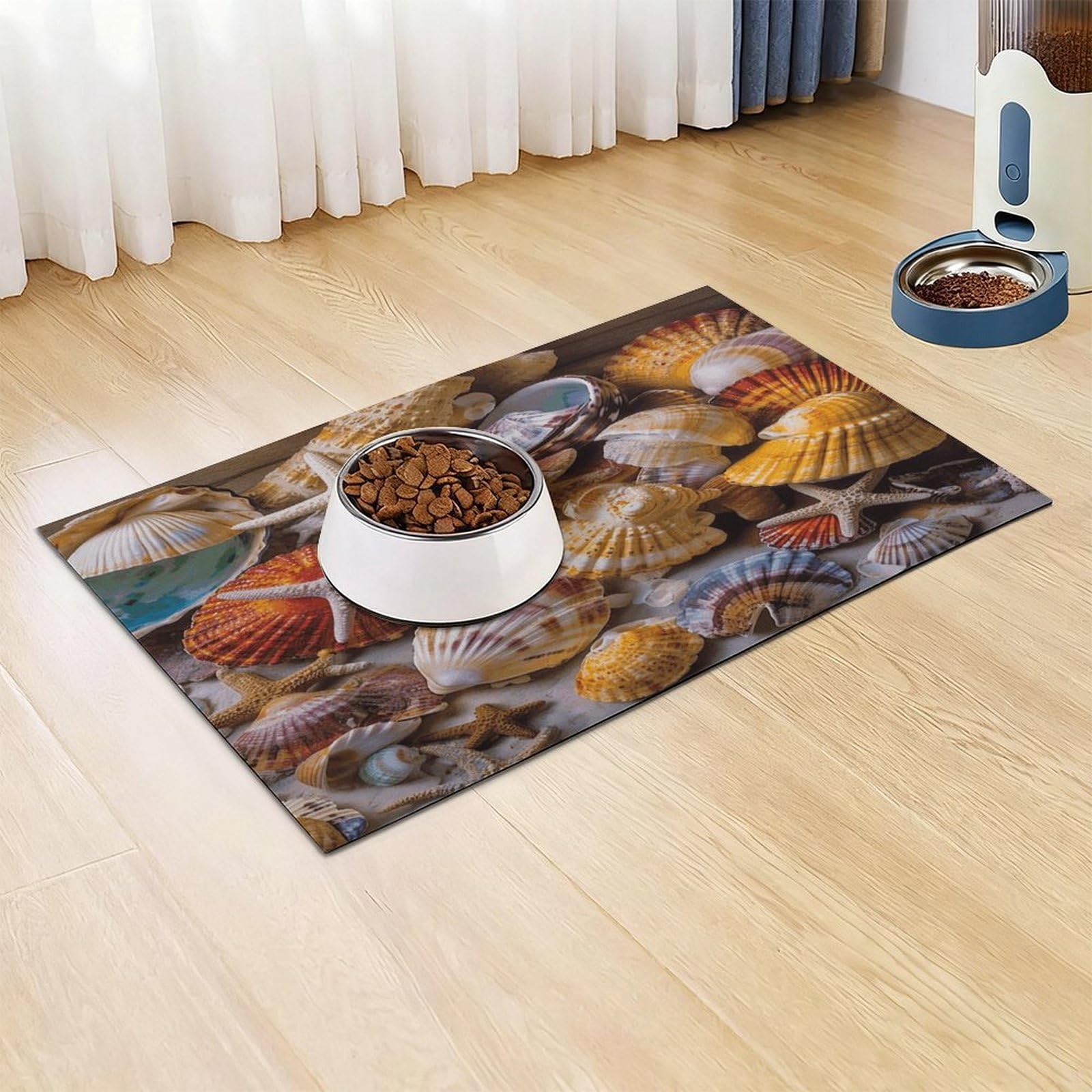 Sea Shell Treasures Tapis de nourriture pour chat – Tapis d'alimentation antidérapant pour chien facile à nettoyer pour la nourriture et l'eau, tapis de gamelle pour chien et chat 43,2 x 76,2 cm