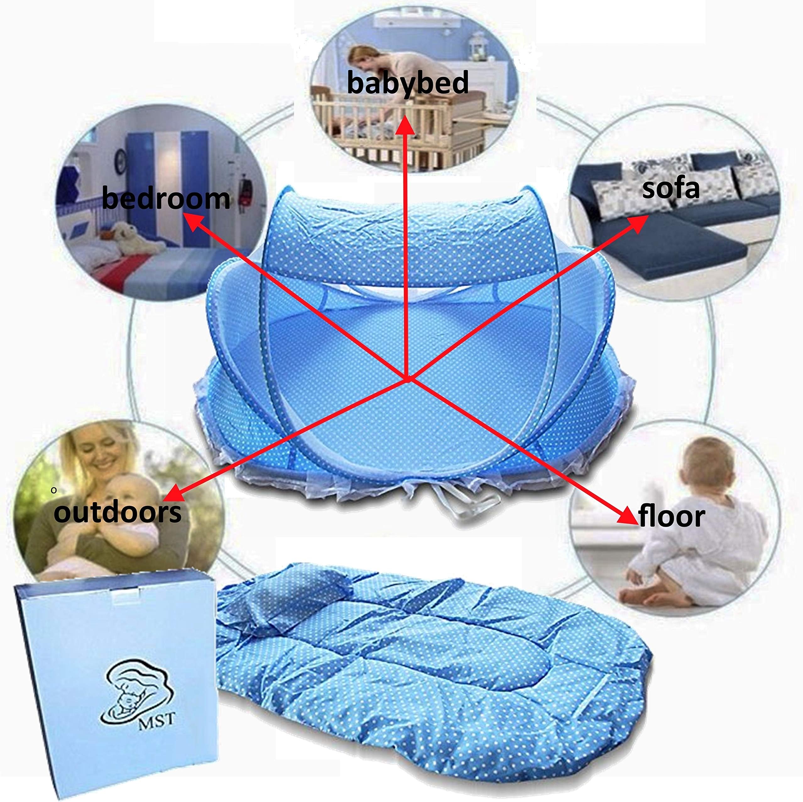 Baby Travel Bed Crib,Foldable Baby Infant Cradle Anti-Bug Tent with Protective Mosquito Net, Portable with Mattress Pillow for 0-18 Month Baby Outdoors and Indoors(Blue)