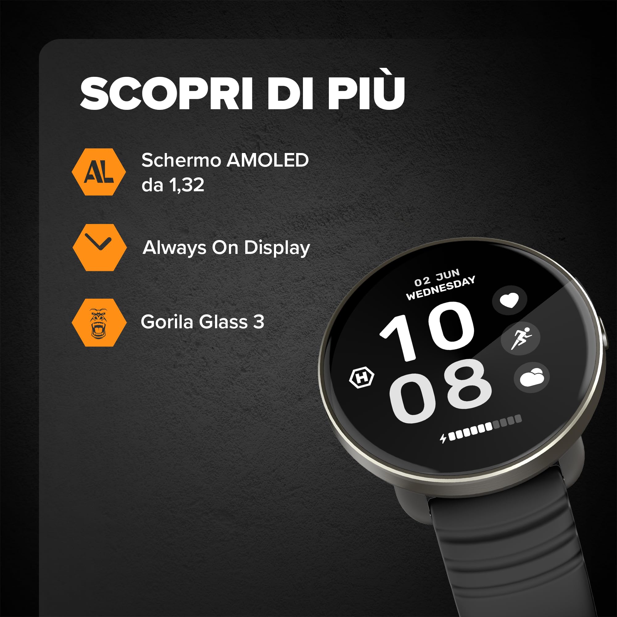 HAMMER VENTUS Smartwatch – Pantalla AMOLED de 1,3", pulsómetro y SpO2, 144 modos deportivos, Bluetooth 5.3, compatible con Android e iOS, resistente, color negro