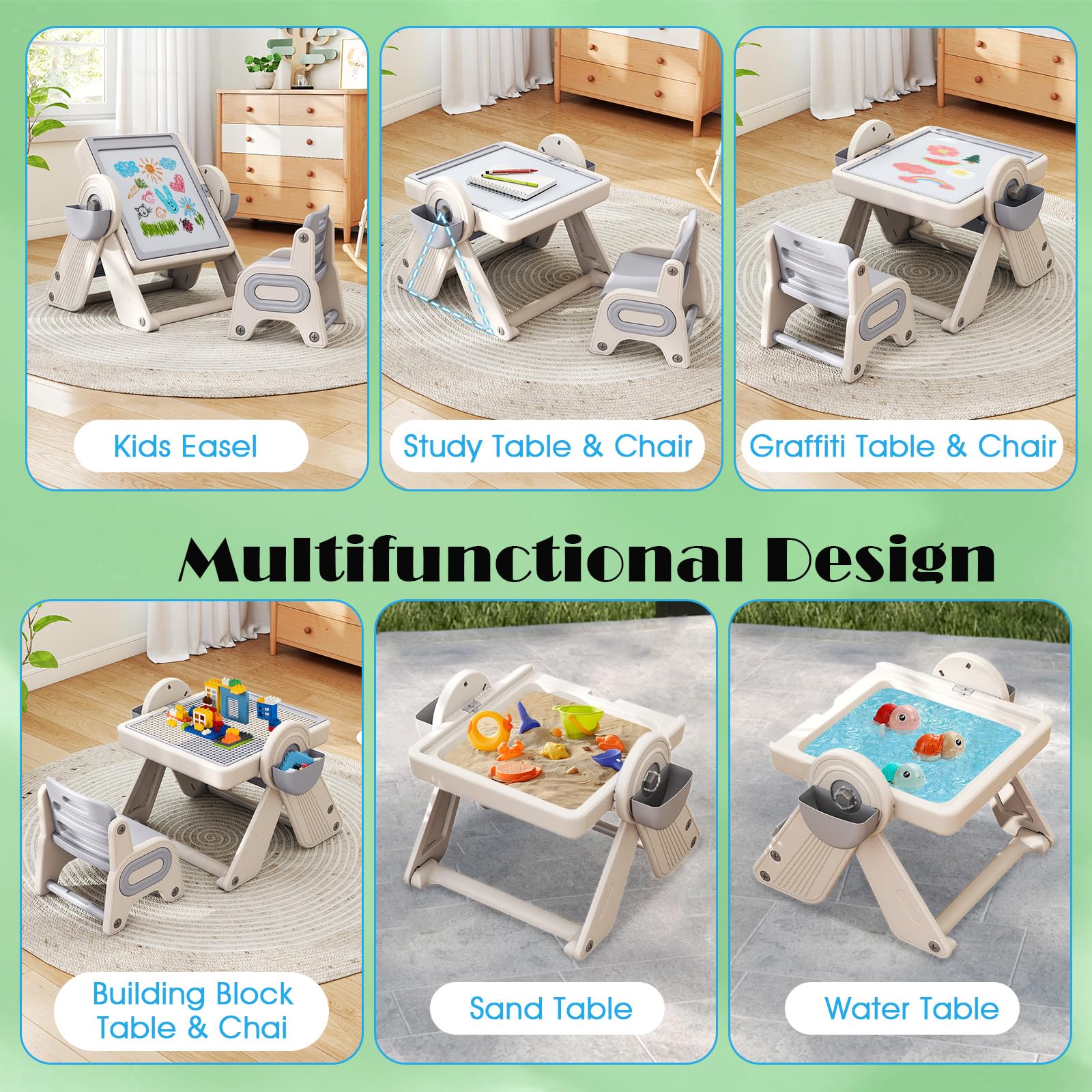 LIFEZEAL Tavolino e Sedia per Bambini 18+Mesi, in Plastica, Tavolo con Lavagna, Libreria, Tavola per Costruzioni, Vassoio di Acqua, Sabbia, Altezza Regolabile, Piano Inclinabile, Pieghevole (grigio)
