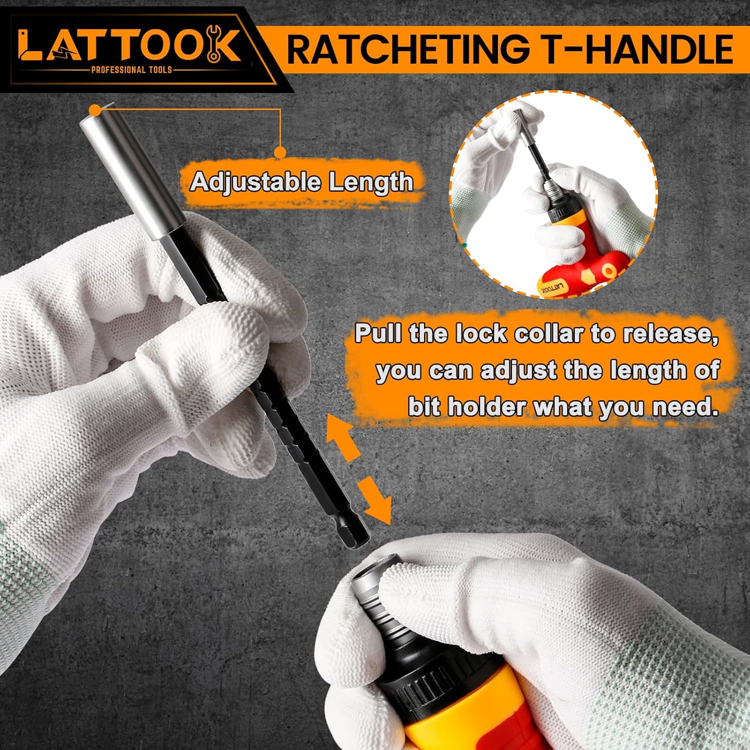T Handle Ratchet Driver, LATTOOK 1/4” Ratcheting Bit Driver T Handle with Adjustable Extension, Non-slip Material, Screwdriver Handle for Holding Bits
