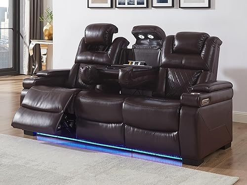 Miniatura 16 de THSUPER Juego de sofás reclinables de cuero transpirable con potencia con luz LED, asientos reclinables de cine en casa con reposacabezas Negro