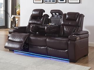 THSUPER Power Breathable Leather Reclining Sofa with 7-Color LED Light, Living Room Recliner Couch with Adjustable Headrest/Reading Light/USB Port/Storage Arm/Drop Down Table for Living Room, Brown