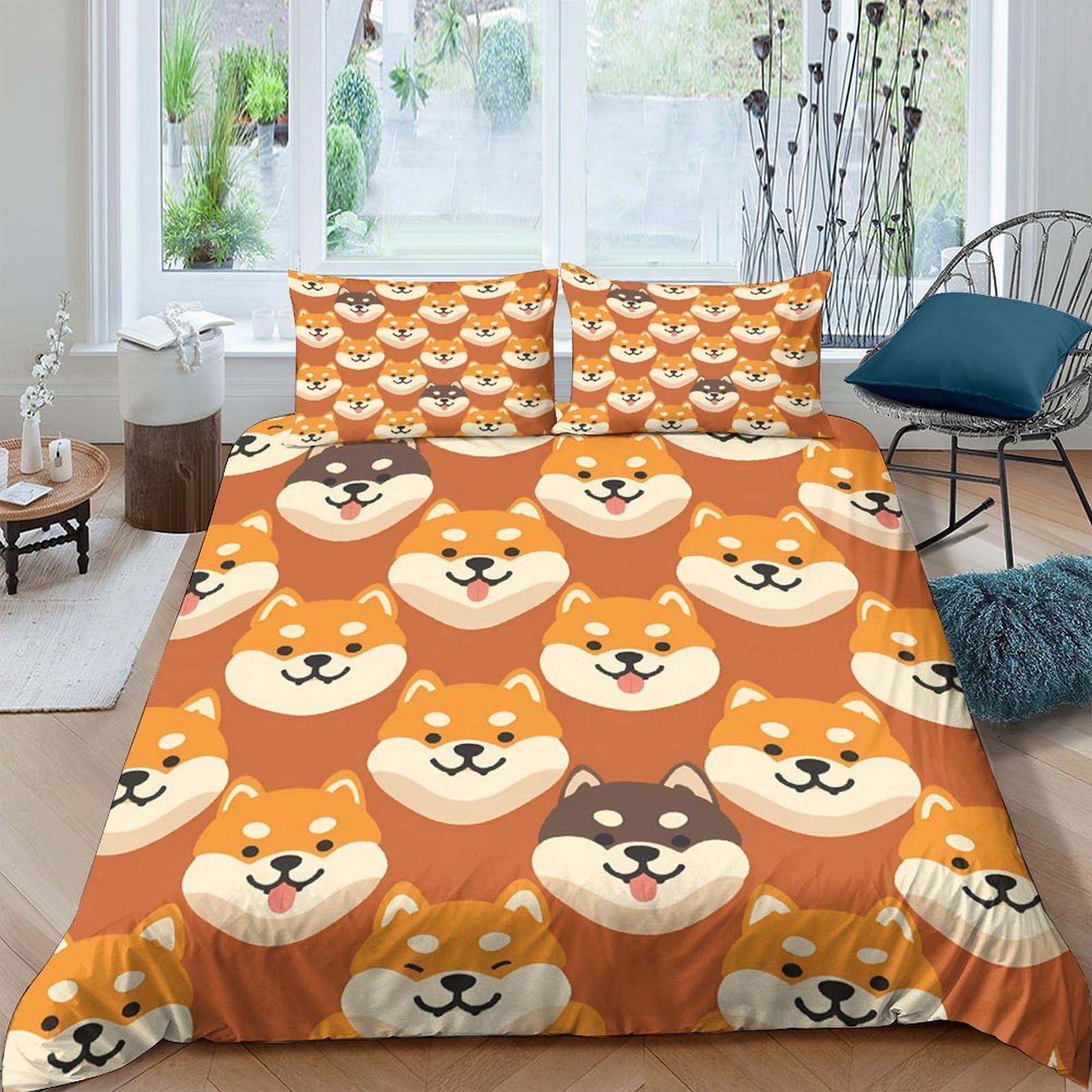 Ctjqhvkz Style-2 3D Printed Shiba Inu Cartoon Fitted Sheet Microfiber Orange Dog Face Mattress Cover For Bedroom Guest Room Decor Single（135X200cm）