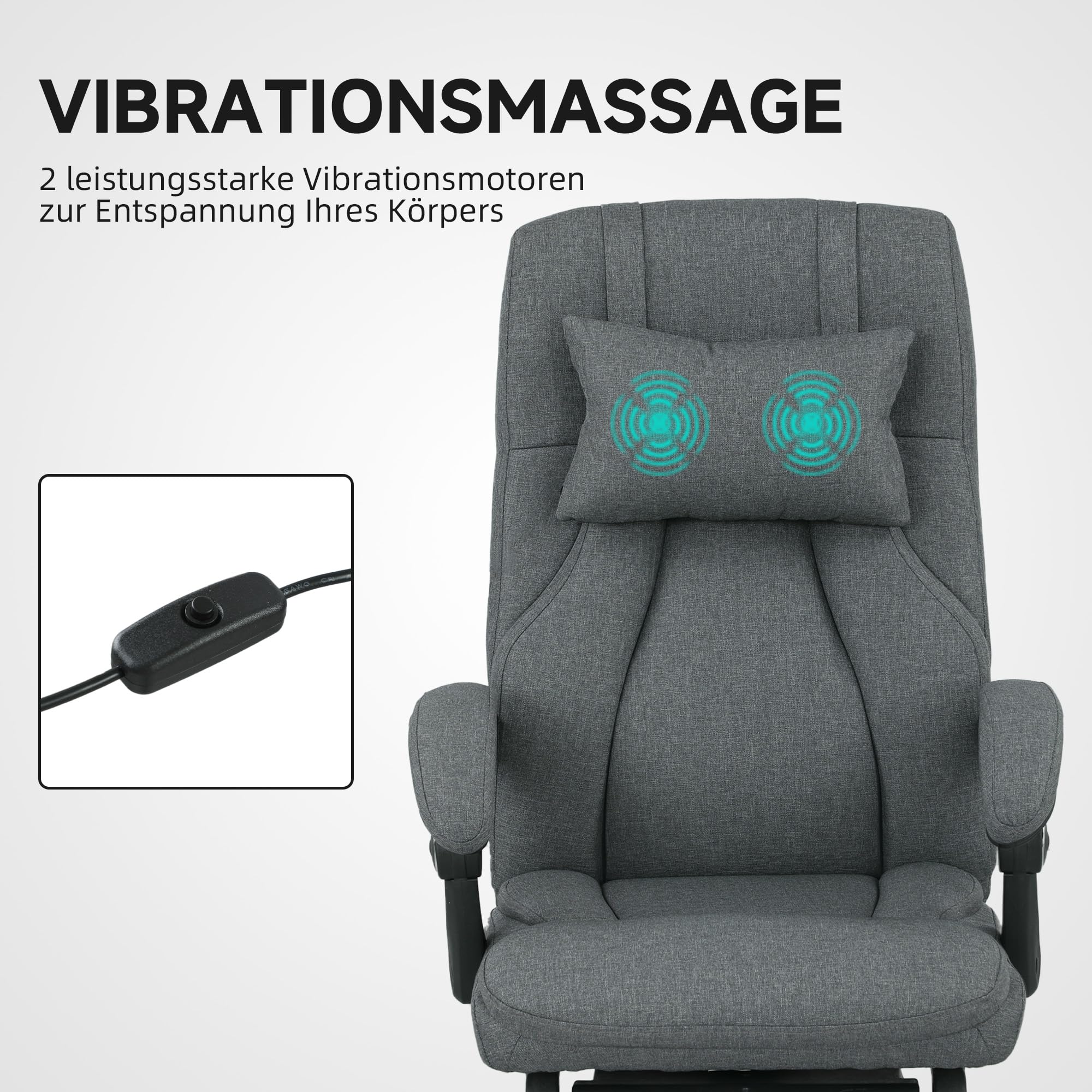 Vinsetto Bürostuhl mit Massagefunktion Ergonomischer Chefsessel mit Liegefunktion, Fußstütze Höhenverstellbar 360° Drehbar Schreibtischstuhl mit Kopfstütze, USB-Schnittstelle, Leinenoptik, Dunkelgrau