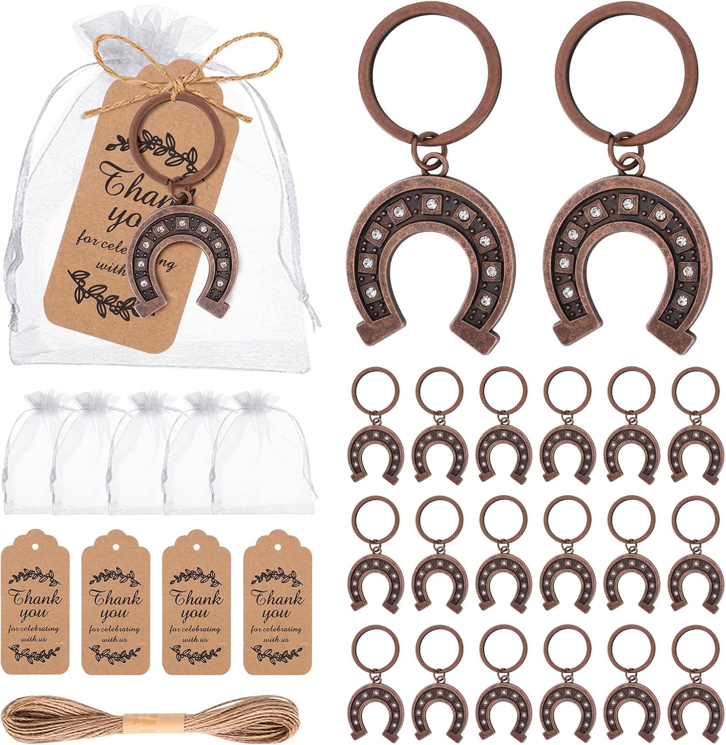 50 Pcs Lucky Horseshoe Keyrings with Kraft Tags Sheer Bags, Good Luck Keepsake for Rustic Wedding Bridal Shower Birthday Bar Cowboy Party Decorations (Vintage)