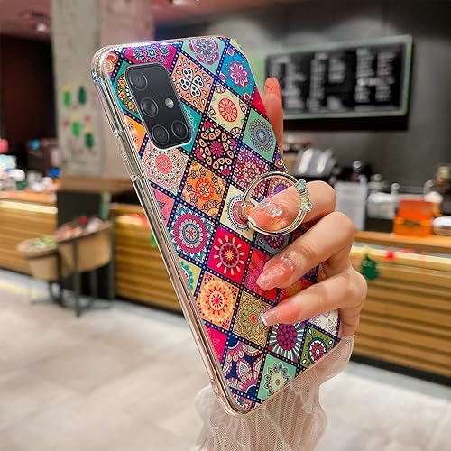 Miniatura 3 de Funda para Samsung A71 5G Retro Floral Slim Linda Caso a prueba de golpes Cubierta de protección para Adolescentes Niñas Mujeres con Anillo Dorado