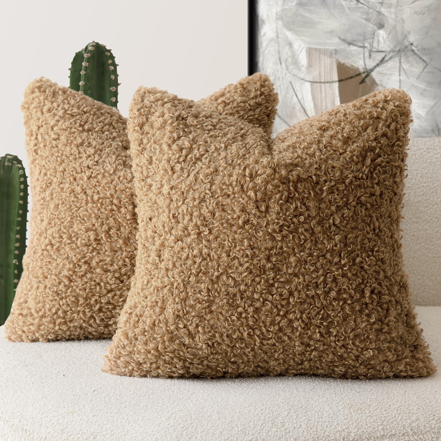 Foindtower 2 Pieces 16x16 Inch Bronze, Faux Fur Throw Pillow Cover Accent Sherpa Pillow Fuzzy Soft Pillowcases Sheepskin Decorative Fleece Cushion