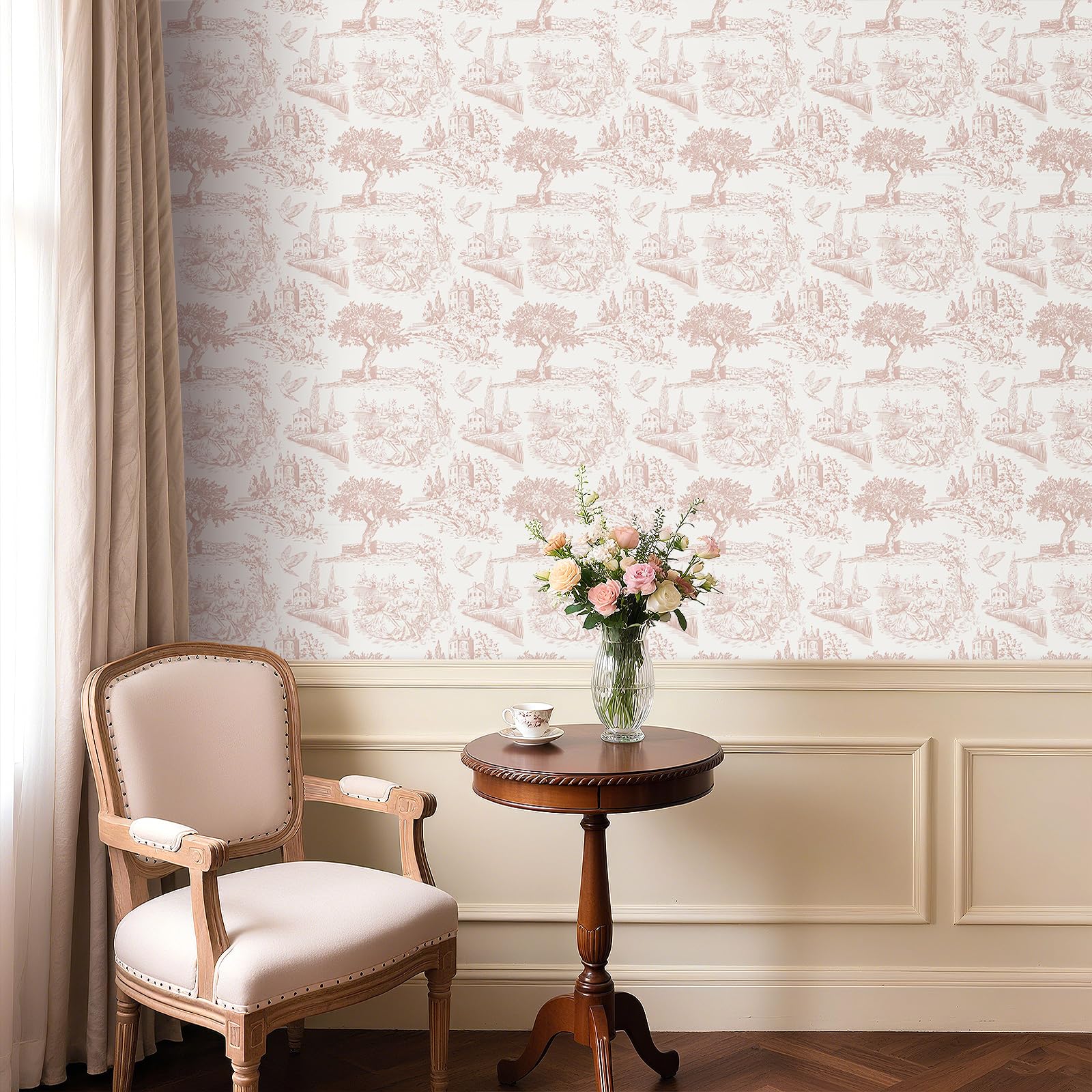 FunStick 44.5CMx9M Papel Pintado Rosa y Gris Papel Adhesivo Pared Baño Hojas Árboles Impermeable Revestimiento Muebles Armario Blanco Gris Castillo Jardín Vintage Vinilo Adhesivo Flores y Pájaros