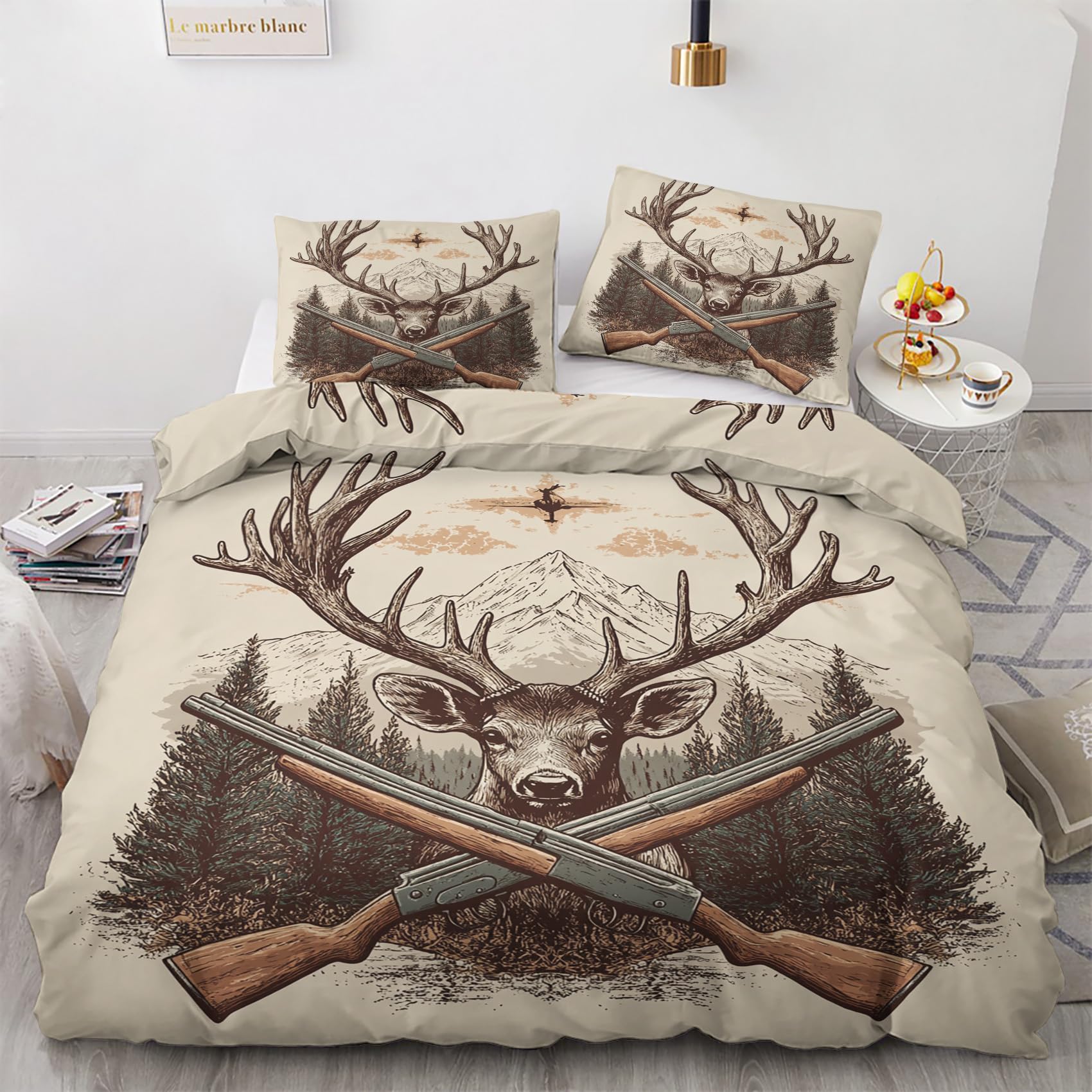 NOGAWA Wildlife Deer Bedding Double - Rustic Hunting Double Duvet Set - Reversible Quilt Cover & 2 Pillowcases with Zip and Ties, Ultra Soft and Non Iron Brushed Microfibre Bed Set