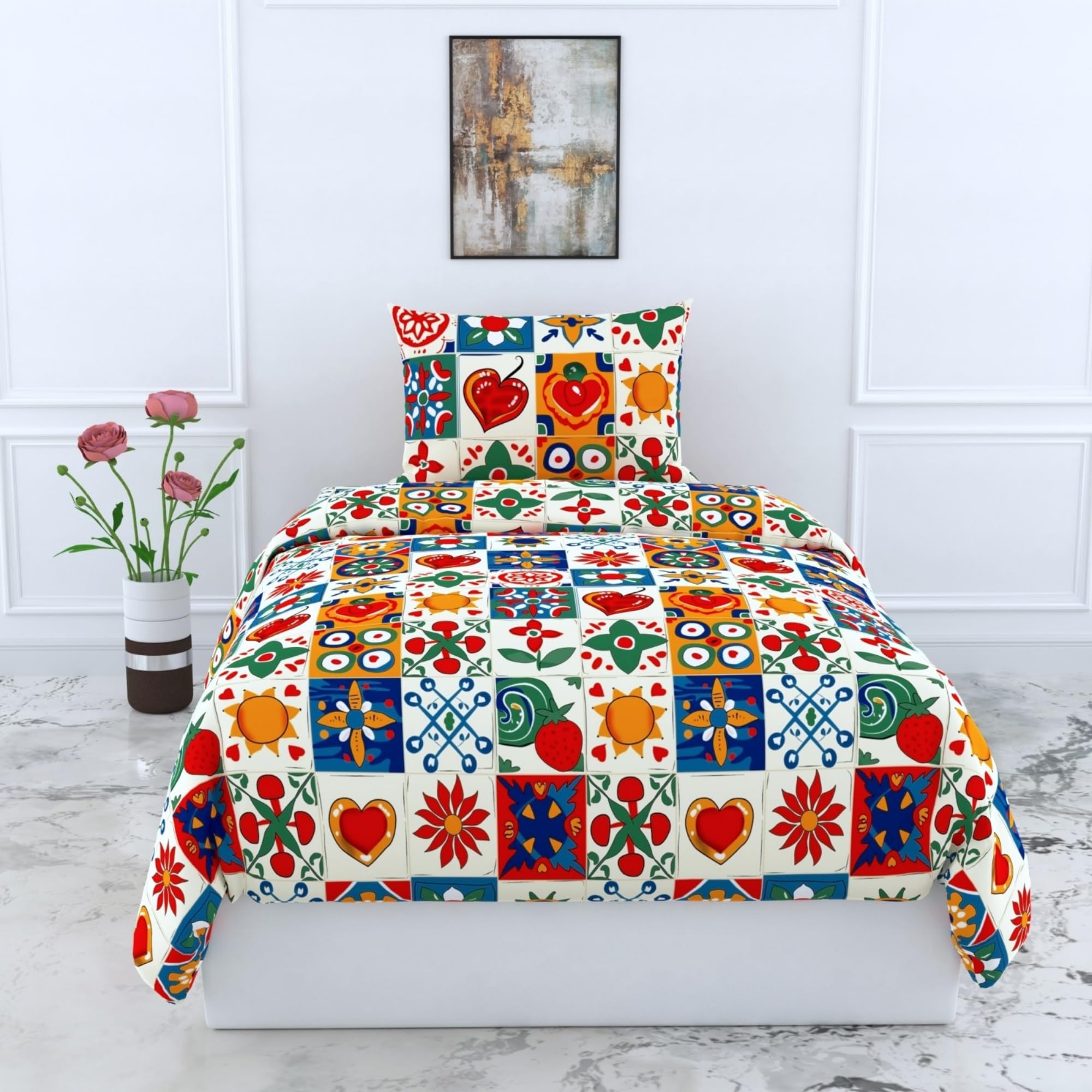 LORETO - A QUALITY LINEN BRAND 100% Pure Cotton Bedsheet for Single Bed, 144TC Soft & Breathable Single Bed Sheet with Pillow Cover (Cherry Red & Cobalt Blue, 54 x 84 Inches)