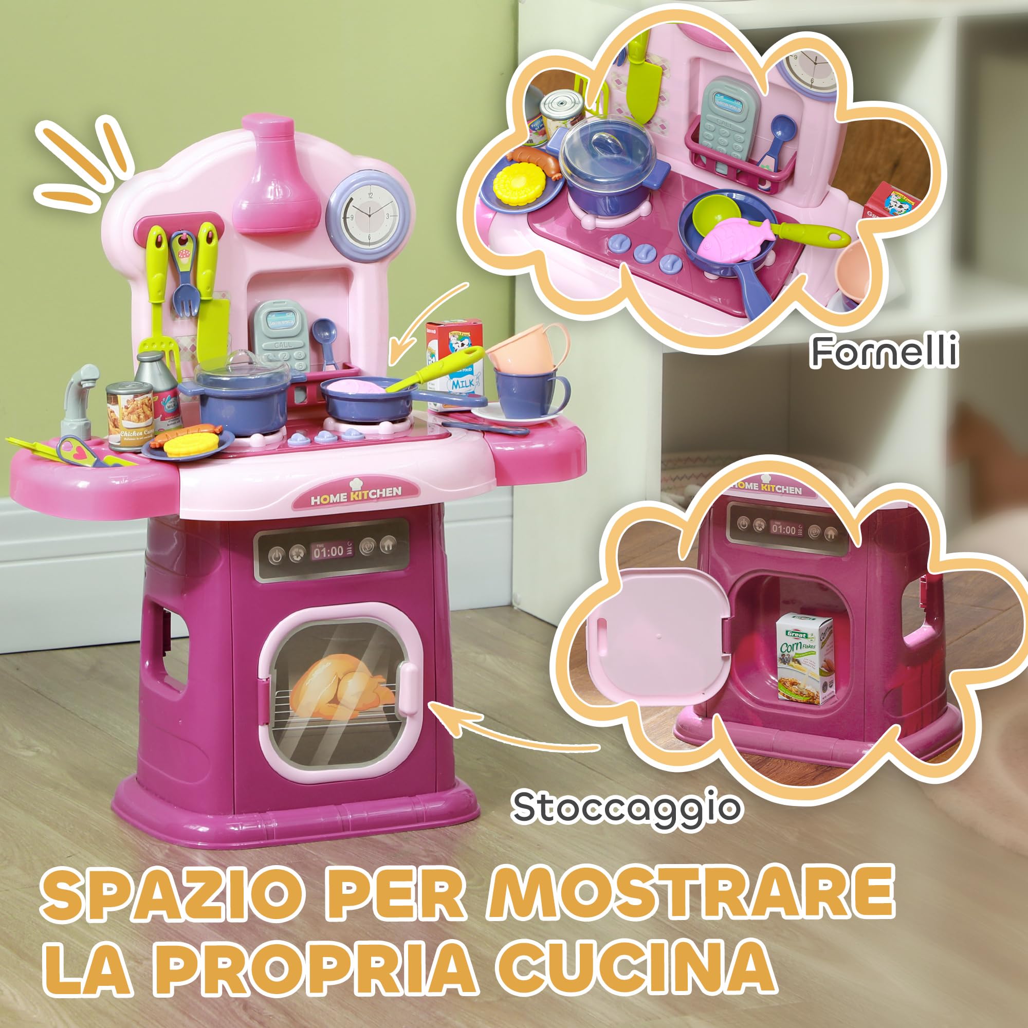AIYAPLAY Cucina Giocattolo per Bambini 3-6 Anni con 38 Accessori, Suoni Realistici e Luce del Fornello, Gioco per Bambini in PP e ABS, 51x21x60 cm, Rosa