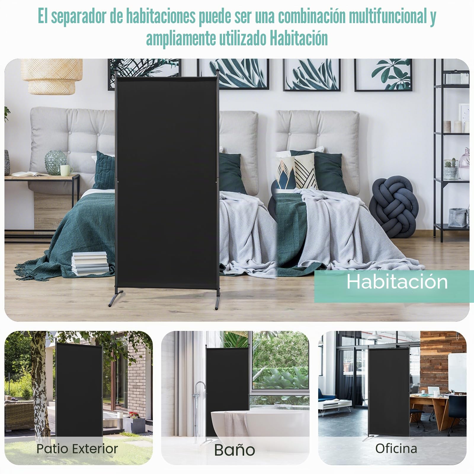Angel Living Biombo Separador de 1 Panel, Decoración Elegante, Separador de Ambientes Plegable, Divisor de Habitaciones, 80X180 cm (Negro)