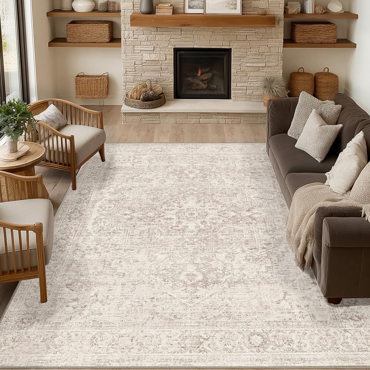 Beauoop Washable Area Rug Beige Neutral 200x300 cm Large Vintage Distressed Non Slip Carpet for Living Room Bedroom Soft Low Pile Indoor Oriental Retro Thin Rug for Dining Room Kitchen Nursery Office