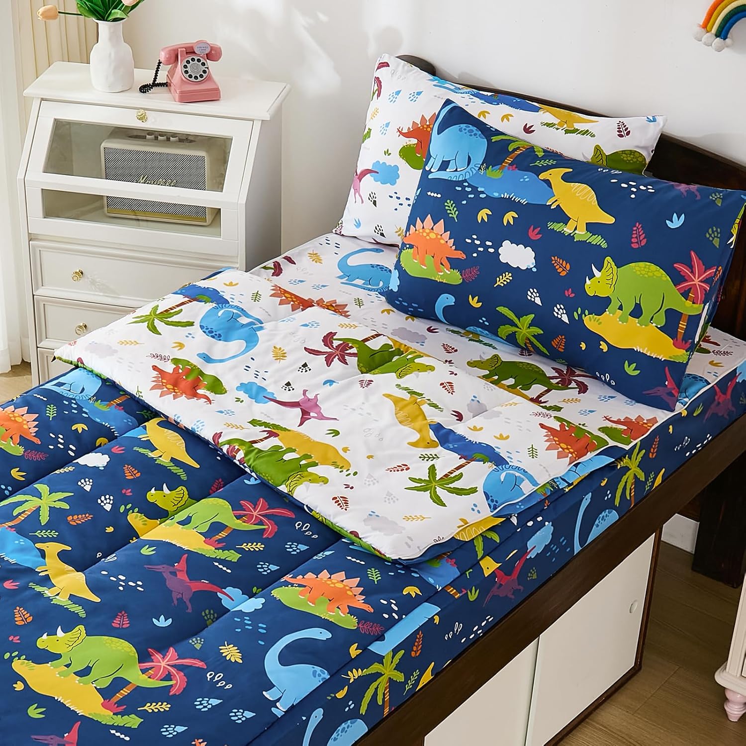 DJY Zipper Bedding Set Full, Navy Blue Dinosaur Bedding Sets for Boys, Kids Comforter Set with Fitted Sheet Pillowcases, All in One Zipper Bed Set for All Seasons