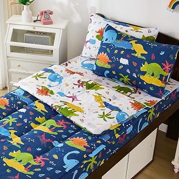 DJY Zipper Bedding Set Twin, Navy Blue Dinosaur Bedding Sets for Boys, Kids Comforter Set with Fitted Sheet Pillowcases, All in One Zipper Bed Set for All Seasons
