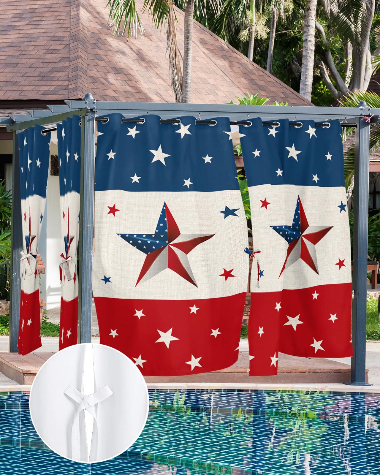 Patriotic Independence Memorial Day Waterproof Outdoor Curtains for Patio,Blackout Curtain with 2 Tiebacks,USA Flag Blue Red White Stars Grommet Window Treatment for Porch Pergola,1 Panel,52