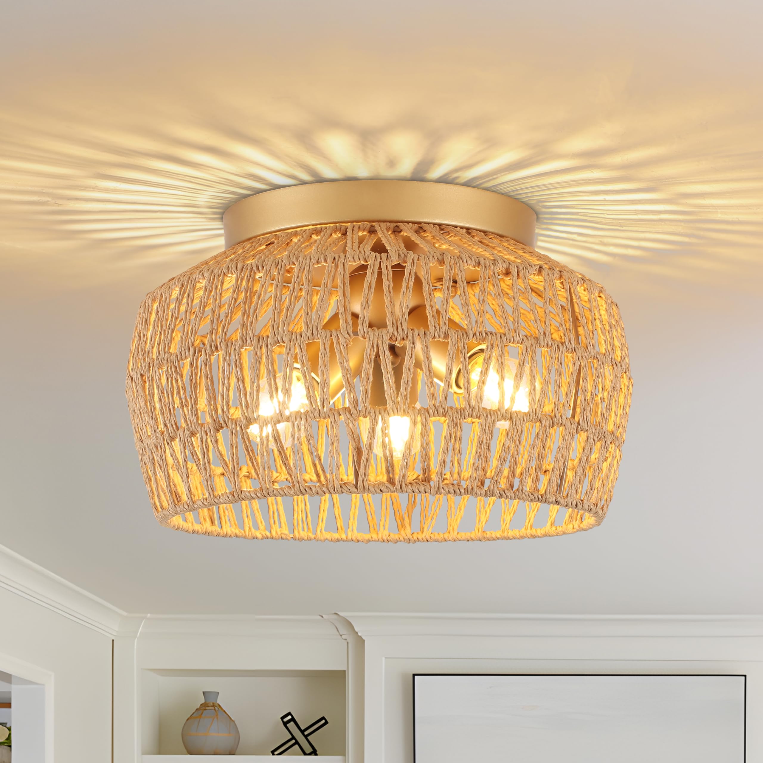 Rattan Light Fixtures 3-Light Retro Glod Semi Flush Mount Ceiling Light Hand Woven Ceiling Light Fixtures Boho Chandelier for Hallway Bedroom Kitchen Entryway Foyer Dining Room