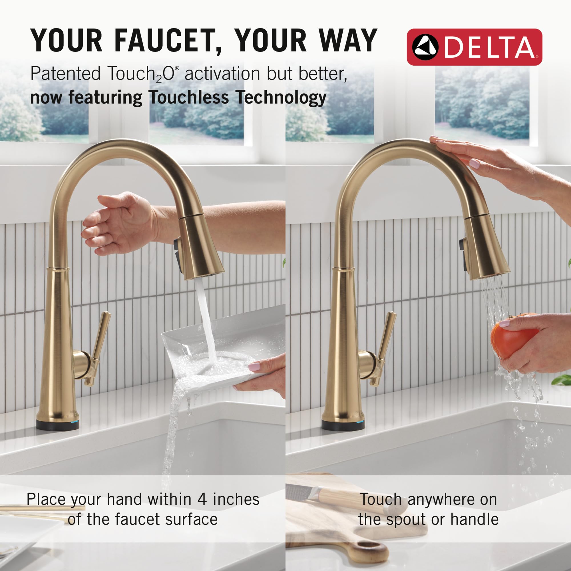 Delta Faucet Emmeline - Grifo de cocina sin contacto con tecnología táctil, grifo dorado para fregadero de cocina con pulverizador extraíble, Lumicoat Champagne Bronze 9182TL-CZ-PR-DST