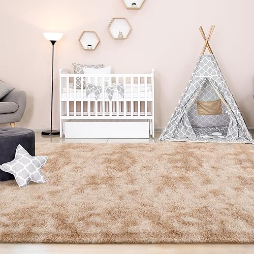 Miniatura 4 de FlyDOIT Alfombras grandes de área de 6 x 9 pies para sala de estar, alfombra peluda de teñido anudado beige, alfombras peludas de felpa ultra suave,