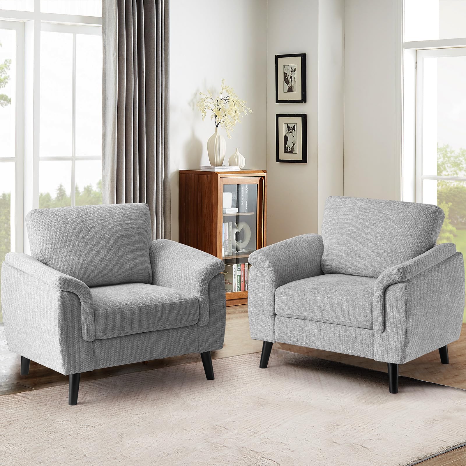 CDCASAOversized Accent Chair,Chenille Fabric Mid Century Modern Chair, Comfy Upholstered Armchair Reading Chairs Single Sofa Chairs with Wood Legs for Bedroom Living Room, Grey, 2PCS