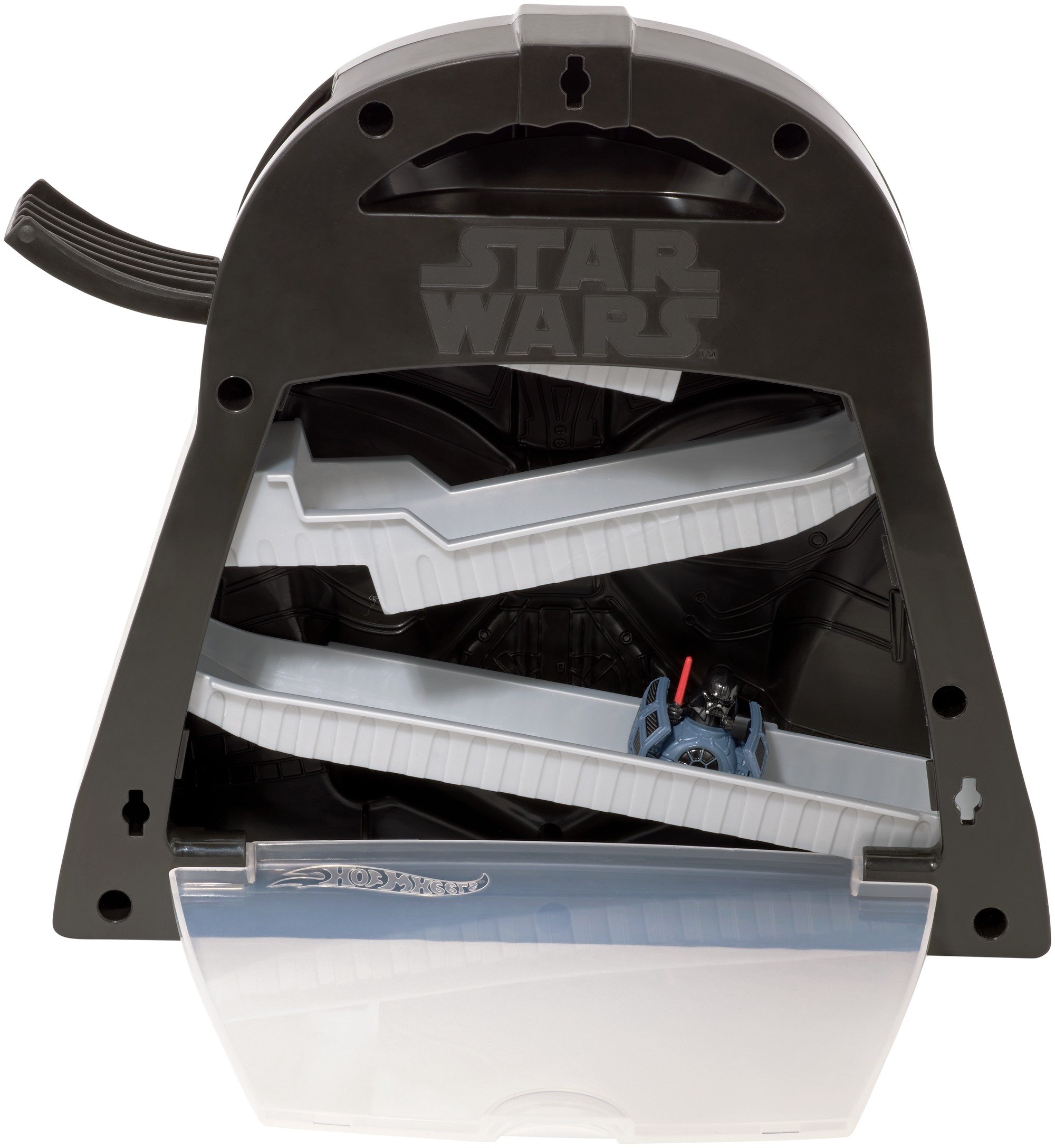 Hot Wheels FNJ19 Star Wars Darth Vader, zestaw do gier i przechowywanie na 17 zabawkowych aut wraz z figurką Dartha Vadera, od 4 lat