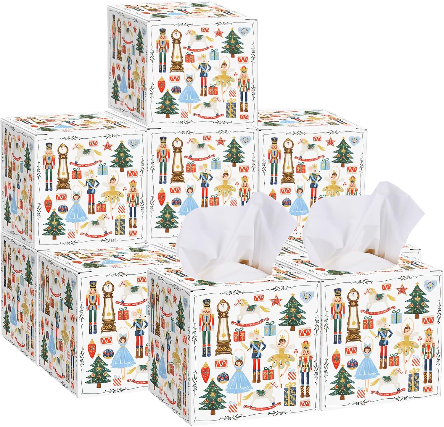 12 Pcs Christmas Facial Tissues Cube Boxes Napkin Cover Watercolor Nutcracker Square Tissues Cube Boxes 600 Sheets Napkins for Xmas Holiday Home Car Accessories