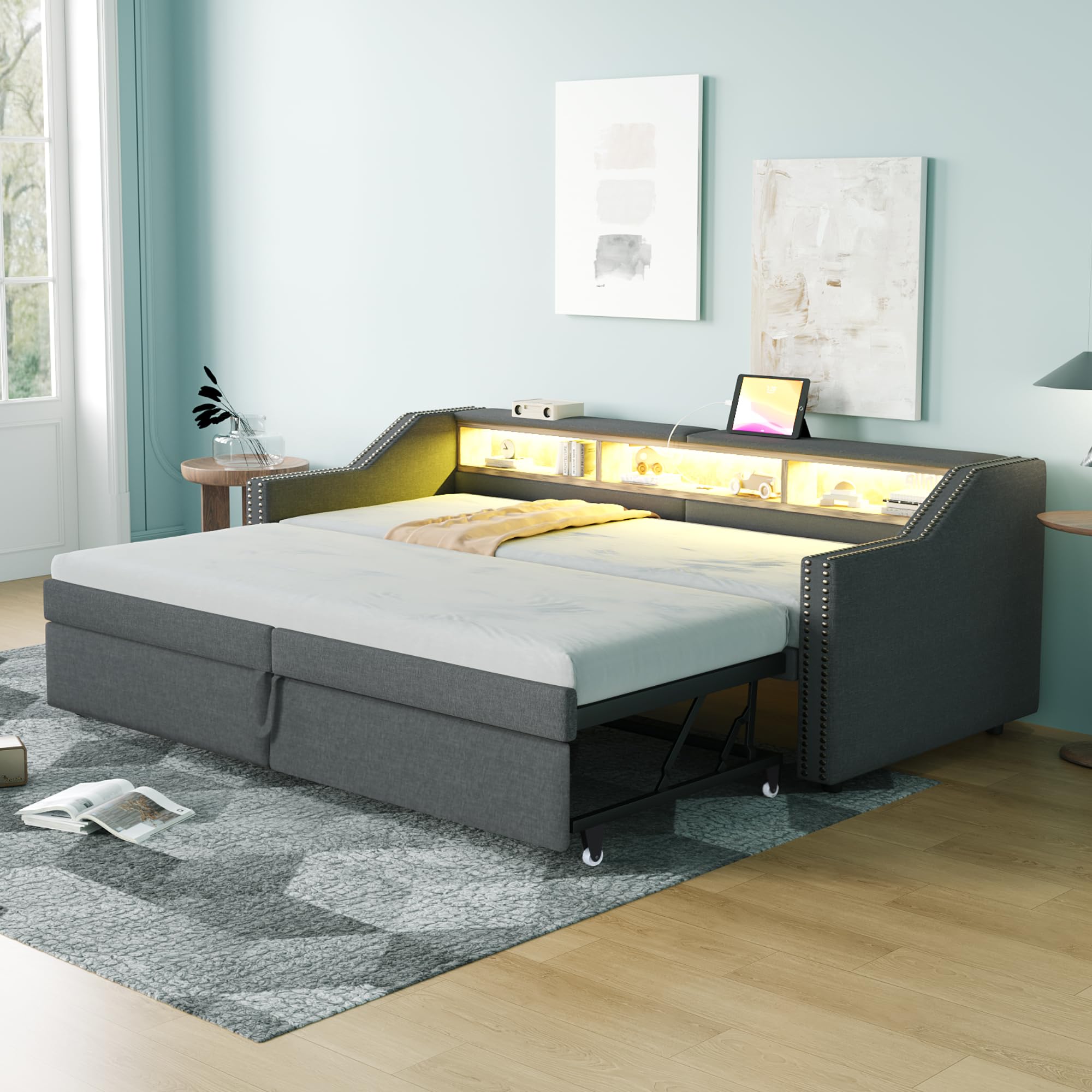 Divano letto imbottito allungabile 90/180 x 200 cm, vano portaoggetti multifunzione, luce LED e presa USB, con rete a doghe, grigio scuro