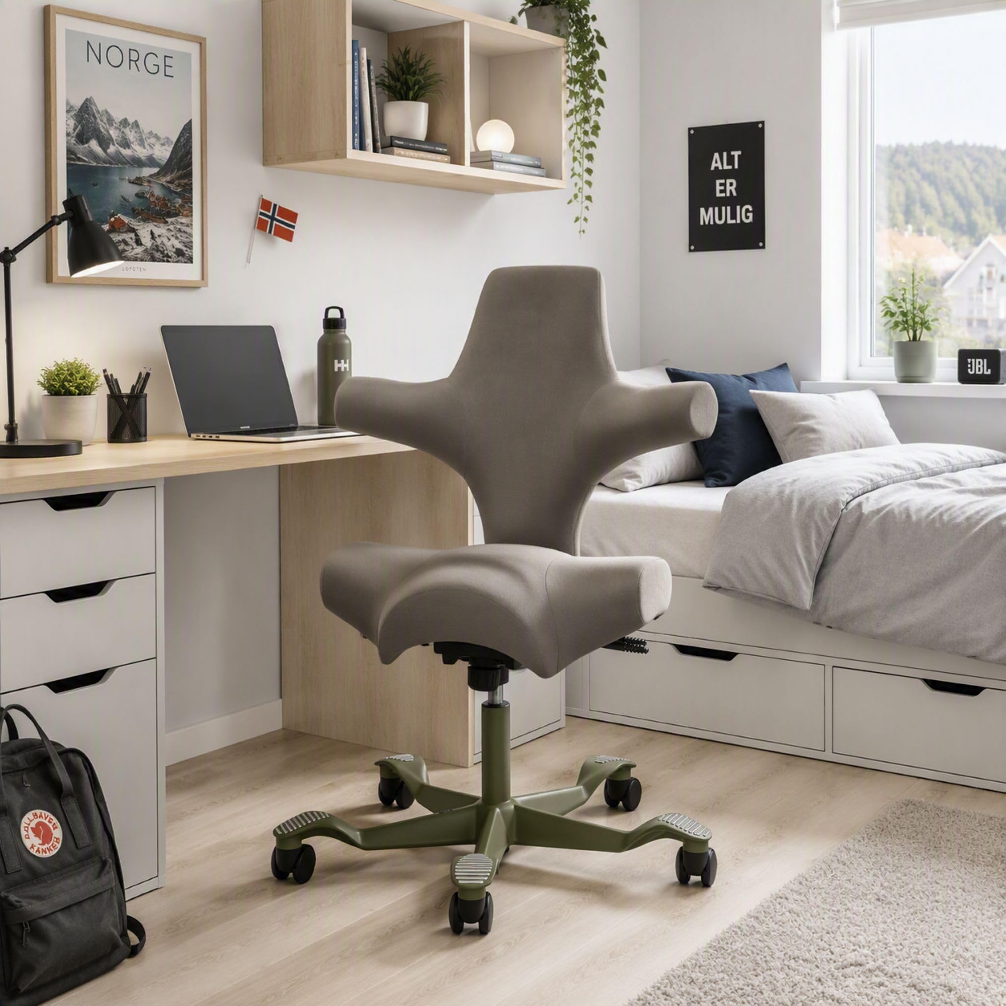 HAG Capisco Standard Chair-Moss Green Frame-Upholstered Gray Ash Vinyl