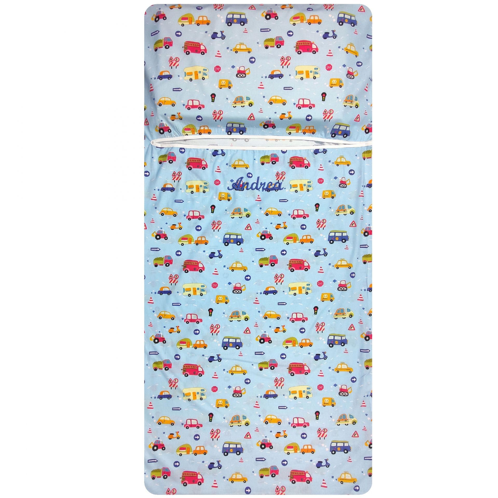 Sacco nanna Estivo personalizzato con nome ricamato per Bimbo e Bimba da 2 a 6 Anni - Tessuto 100% Cotone-Copertina Asilo-Macchinine