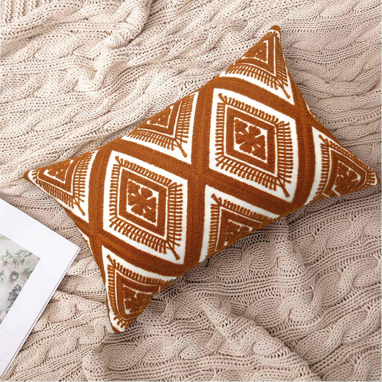 Alysheer Haftowana dekoracyjna poszewka na poduszkę lędźwiową 30 cm x 50 cm, klasyczny boho geometryczny wzór haftowany bawełniana prostokątna poszewka na poduszkę na sofę kanapę salon sypialnia