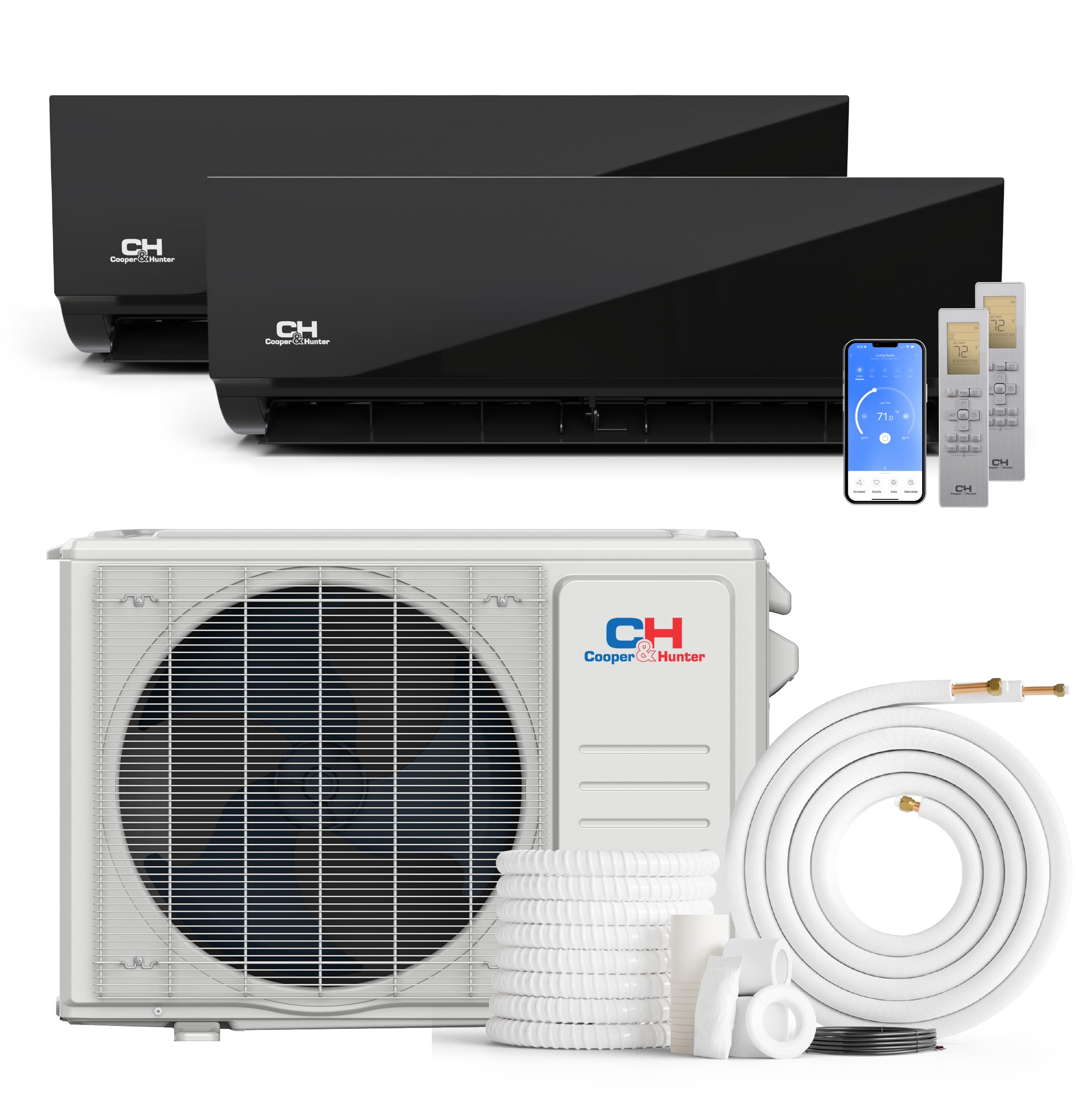 Cooper & Hunter 18,000 BTU 230V Dual 2-Zone 9K + 9K Black Wall Mount Ductless Mini Split Air Conditioner & Heat Pump – 25.1 SEER2 – 25FT Installation Kits – Pre-Charged Inverter System