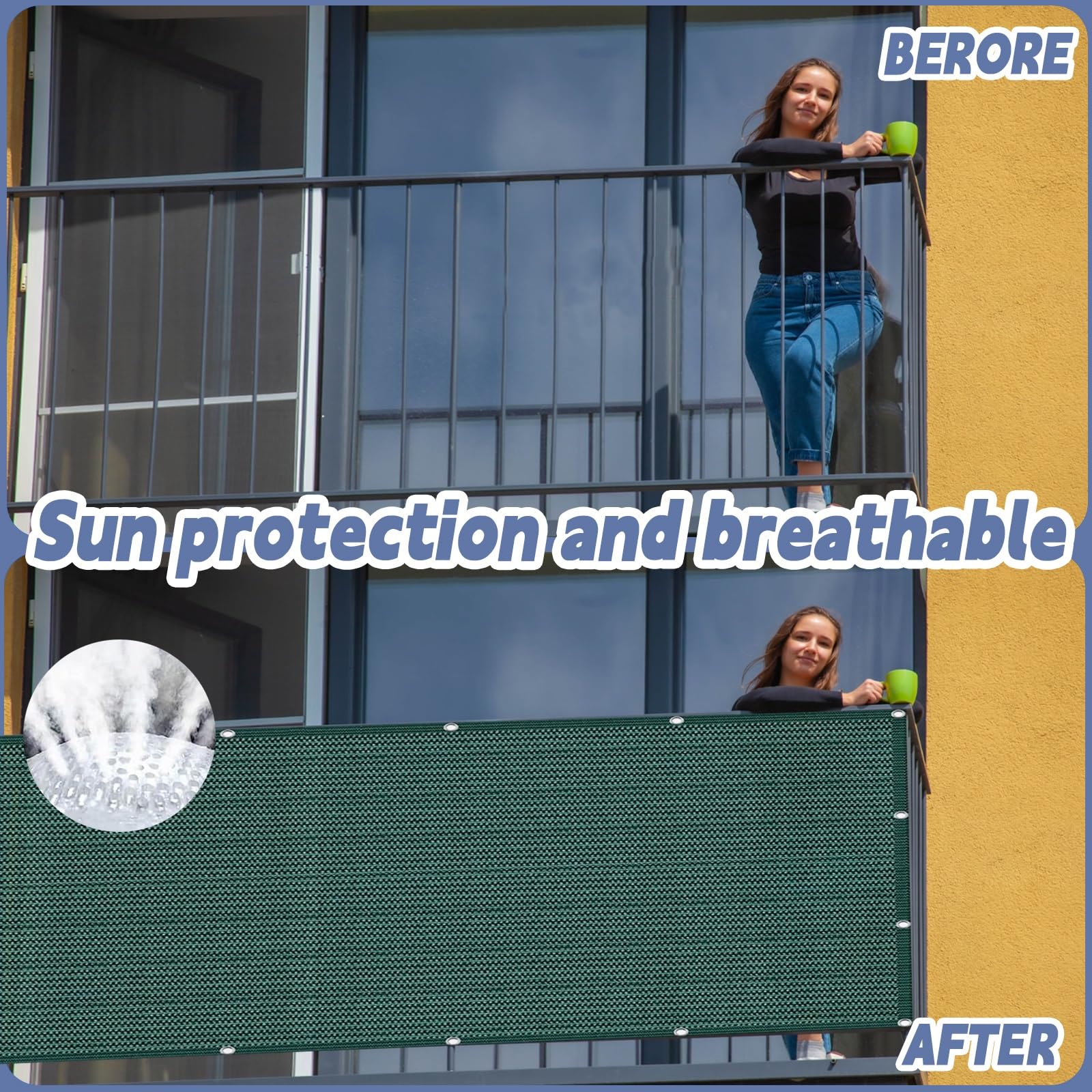 Osłona Balkonowa HDPE 70 x 800 cm 95% Ochrony Uv, Przeciwko Podglądaniu, Odporny Na Wiatr, Osłona Prywatności Na Balustradę Balkonową Do Zewnętrznego Tarasu, Ciemnozielony