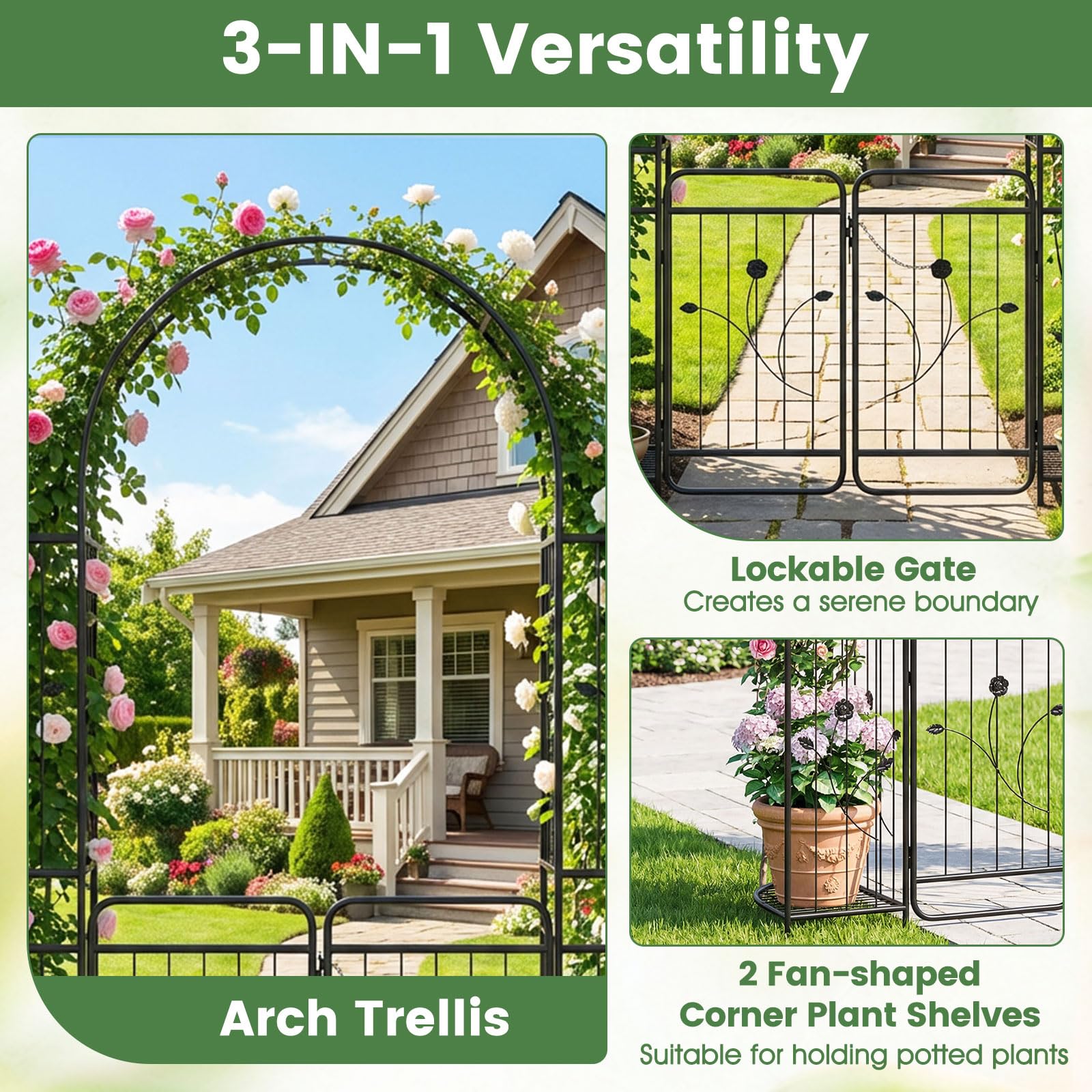 HOMASIS Rosenbogen mit Tür, Metall Gartenbogen mit Rankgitter & 2 Pflanzkästen, Gartentor stabil wetterfest, Rankhilfe für Kletterpflanzen, Spalier Torbogen für Hochzeit Garten Partys (163x50x220cm)
