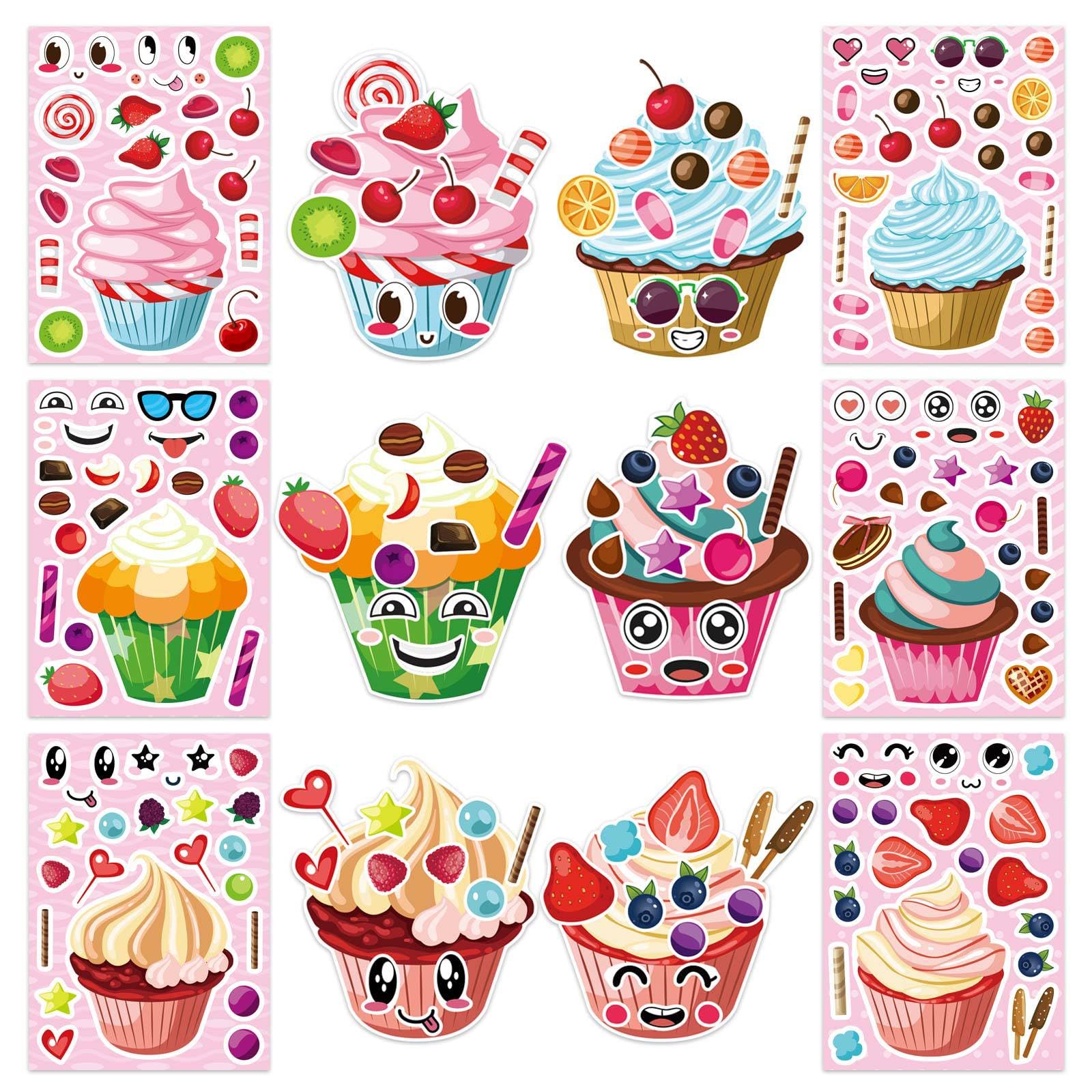 24 Sheets Cupcake Ice Cream Stickers for Kids, Make Your Own Dessert Stickers, Cake Decorating Decals, DIY Craft Birthday Party Favor for Boys & Girls