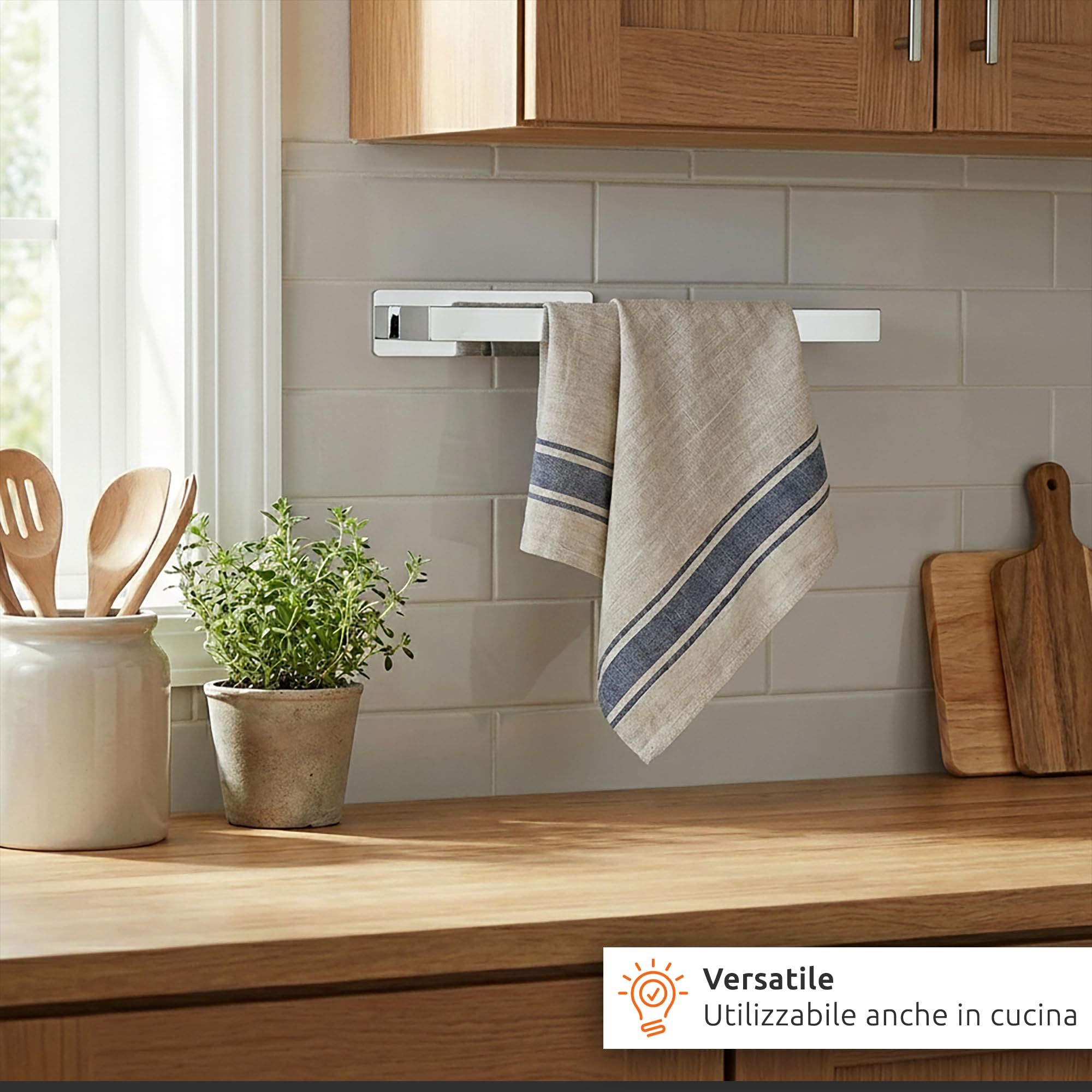 ECENCE Porta Asciugamani Bagno Adesivo 3M cromo senza Foratura 38cm - Portasciugamani Moderna in Acciaio Inox 304, Antiruggine per Bidet, Cucina e WC Ospiti