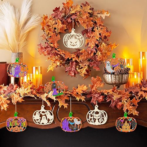 Miniatura 18 de 80 piezas de adornos de madera de primavera para pintar, 8 estilos de adornos de madera sin acabado para bricolaje, cortes en blanco