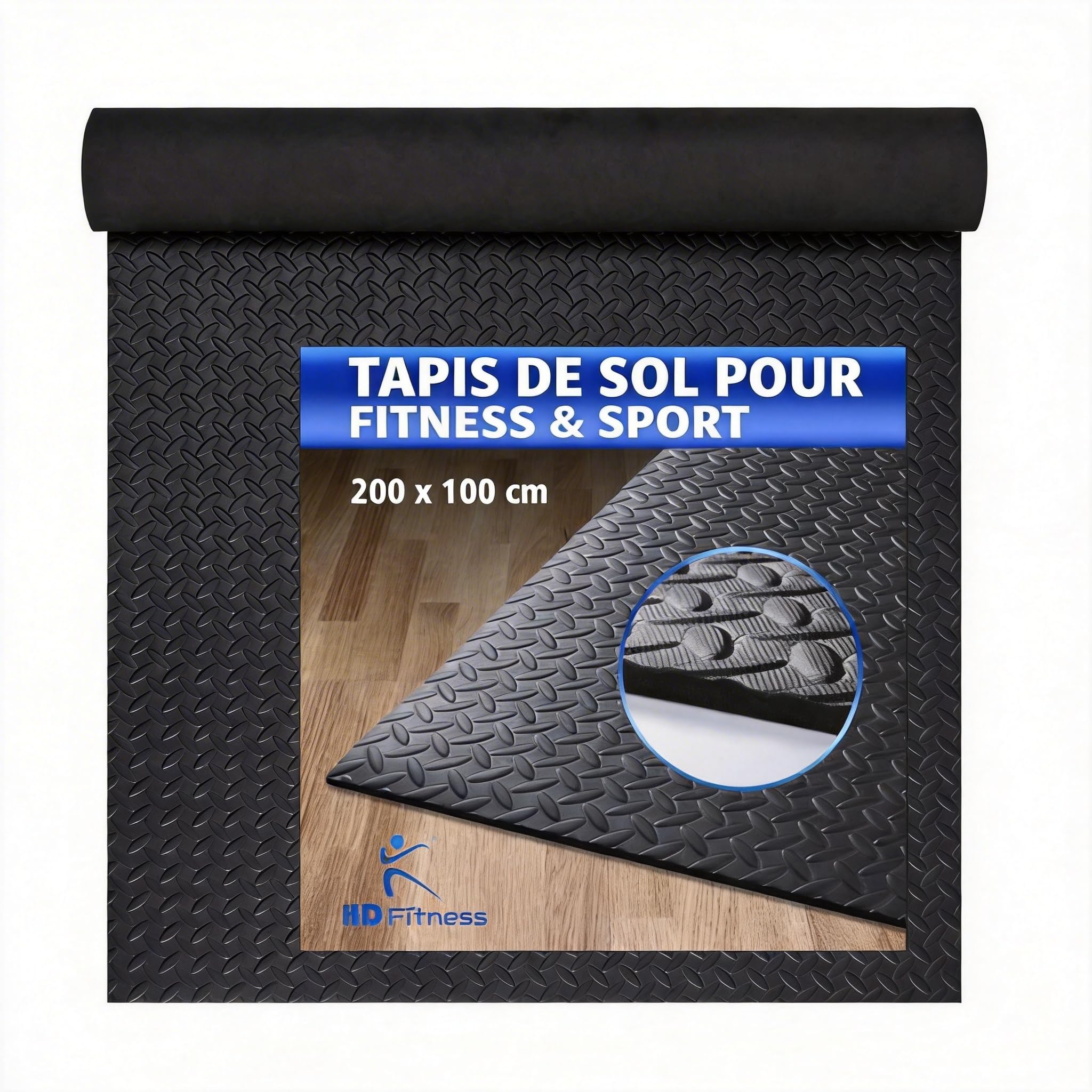 Tapis de Protection Sol Fitness EVA 200x100x0,7cm – Antidérapant et Antivibration pour Tapis de Course, Vélo d’Appartement, Rameur et Appareils de Gym – Noir/Gris/Bleu – Set 1/2/4