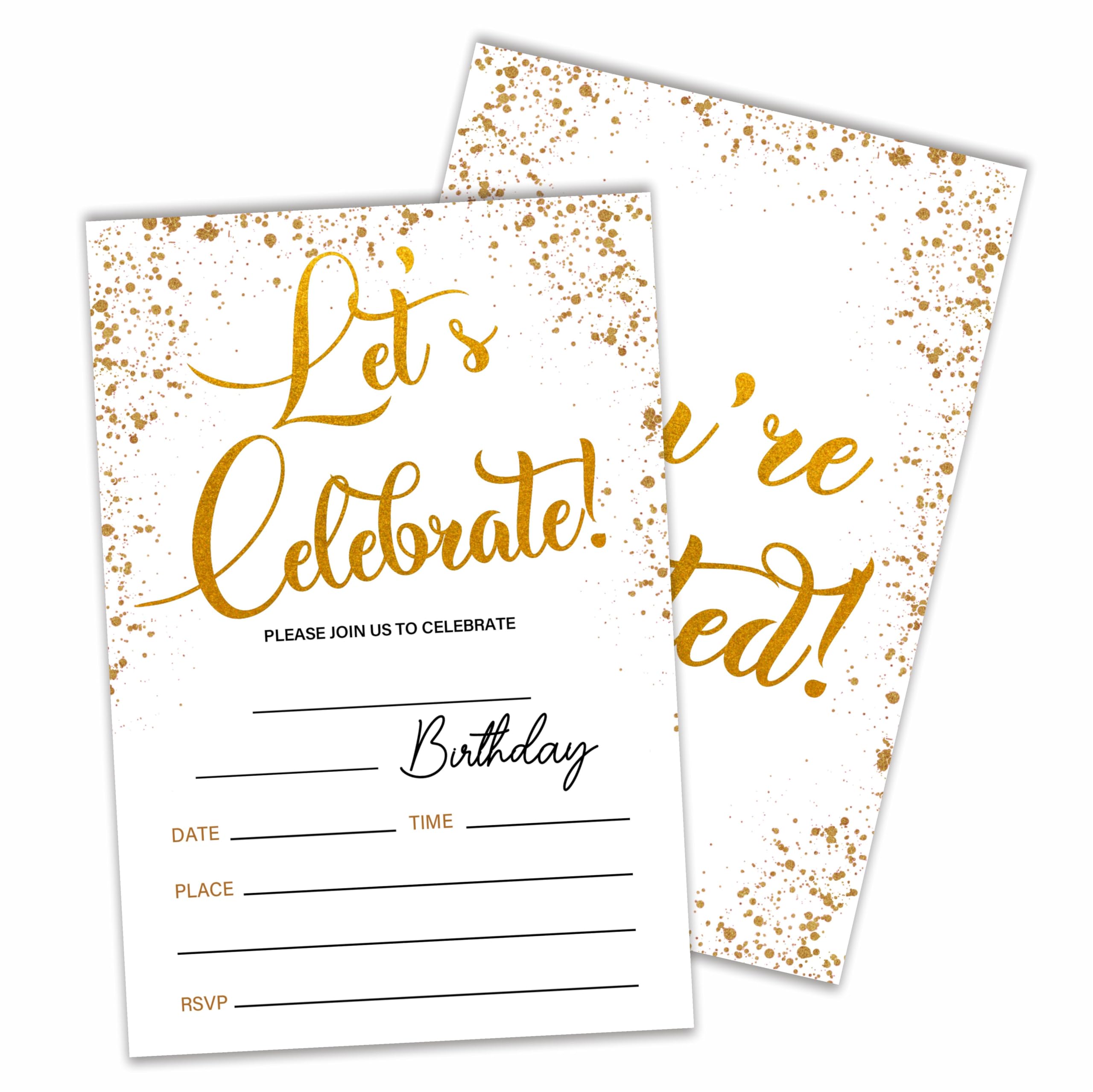 luixd Let's Celebrate! Gold Confetti Birthday Invitations With Envelopes, 20 Double-Sided Fill In Style Birthday Party Invites For Women & Men, Party