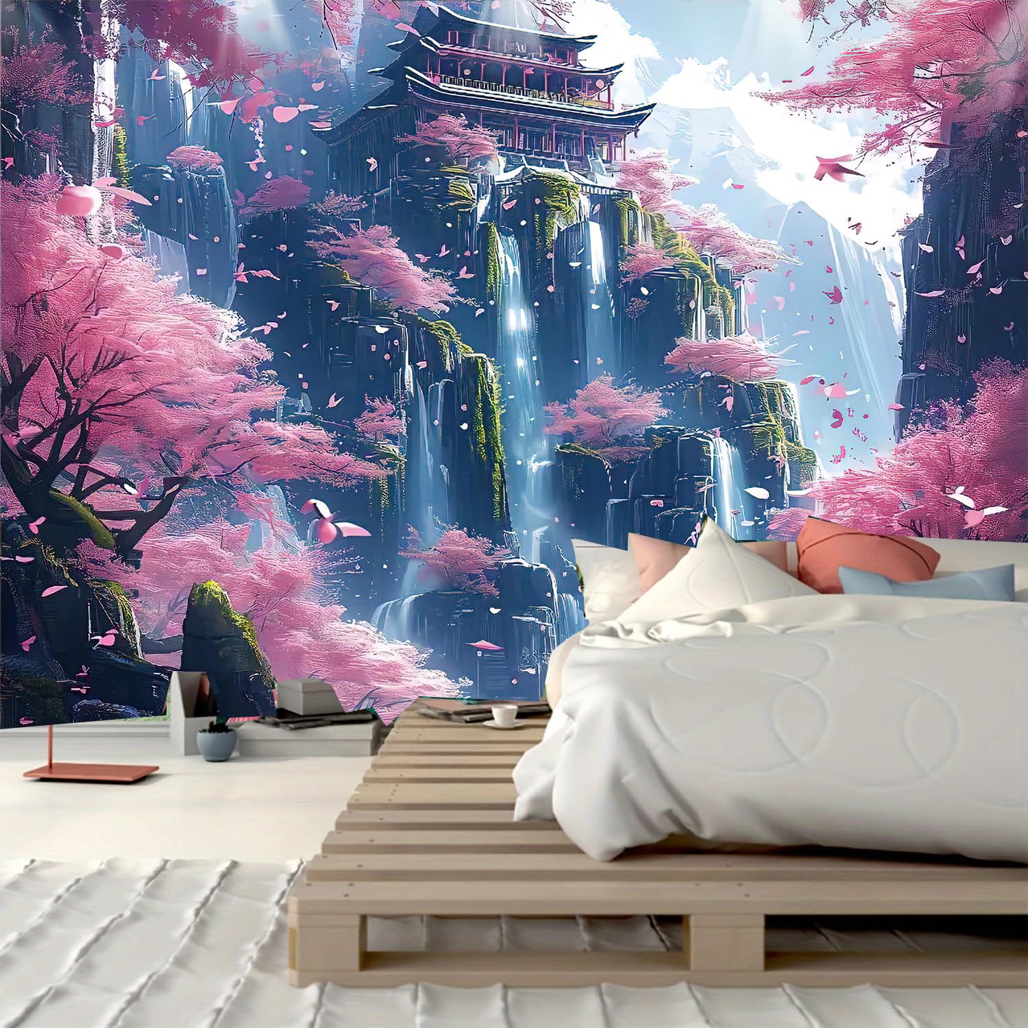 FENDROM Japanese Aesthetic Pink Cherry Blossom Tree Tapestry Building on Mountains Waterfall River Fairytale World Asian Art Wall Hanging Tapestry for Bedroom Living Room - Image 2