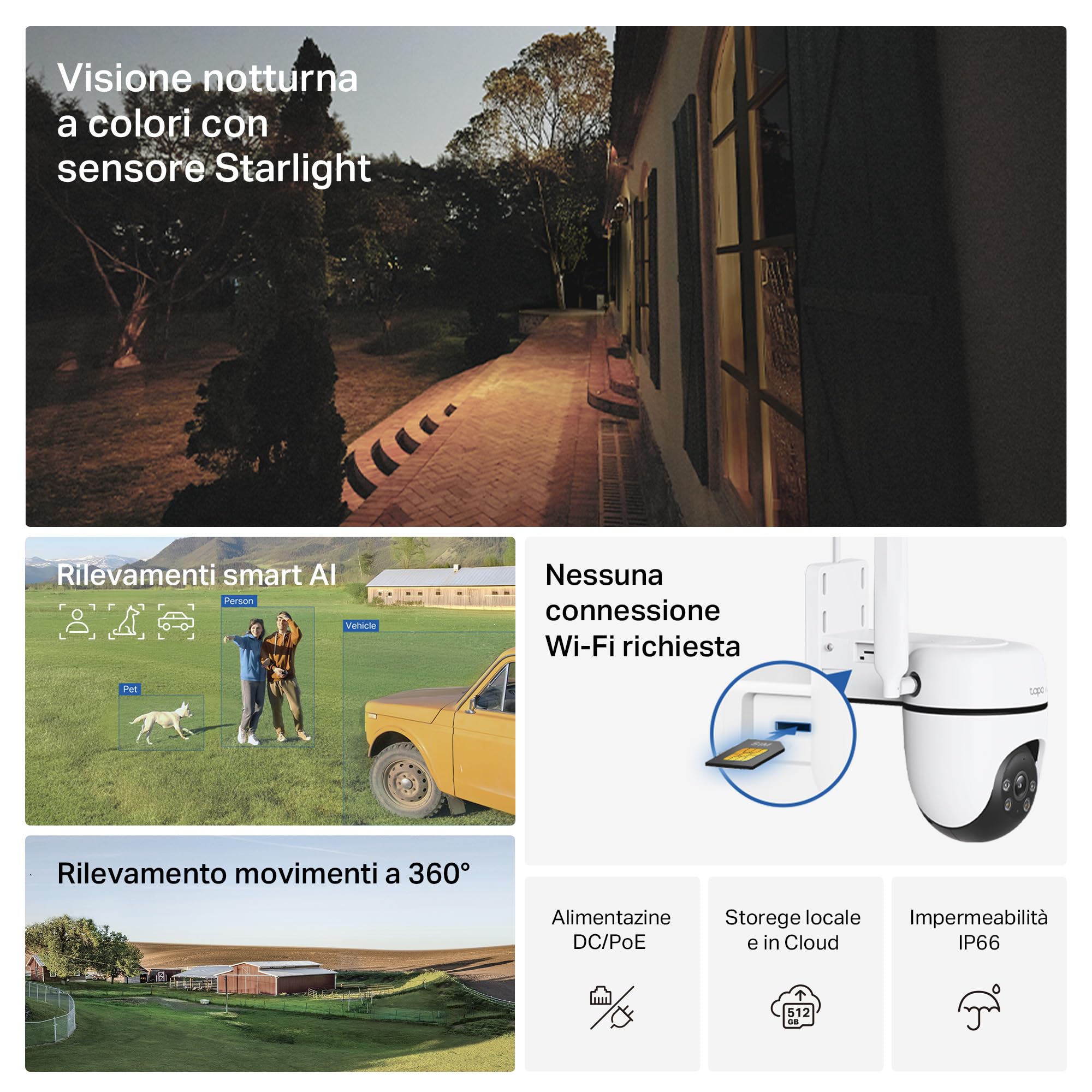 Tapo C501GW Telecamera 4G LTE da Esterno con Slot SIM, FHD 360° PTZ, Visione Notturna a Colori Starlight, IP66, AI Smart, Allarme Sonoro/Luminoso, Alimentato da DC o PoE, Senza Wi-Fi né Batteria