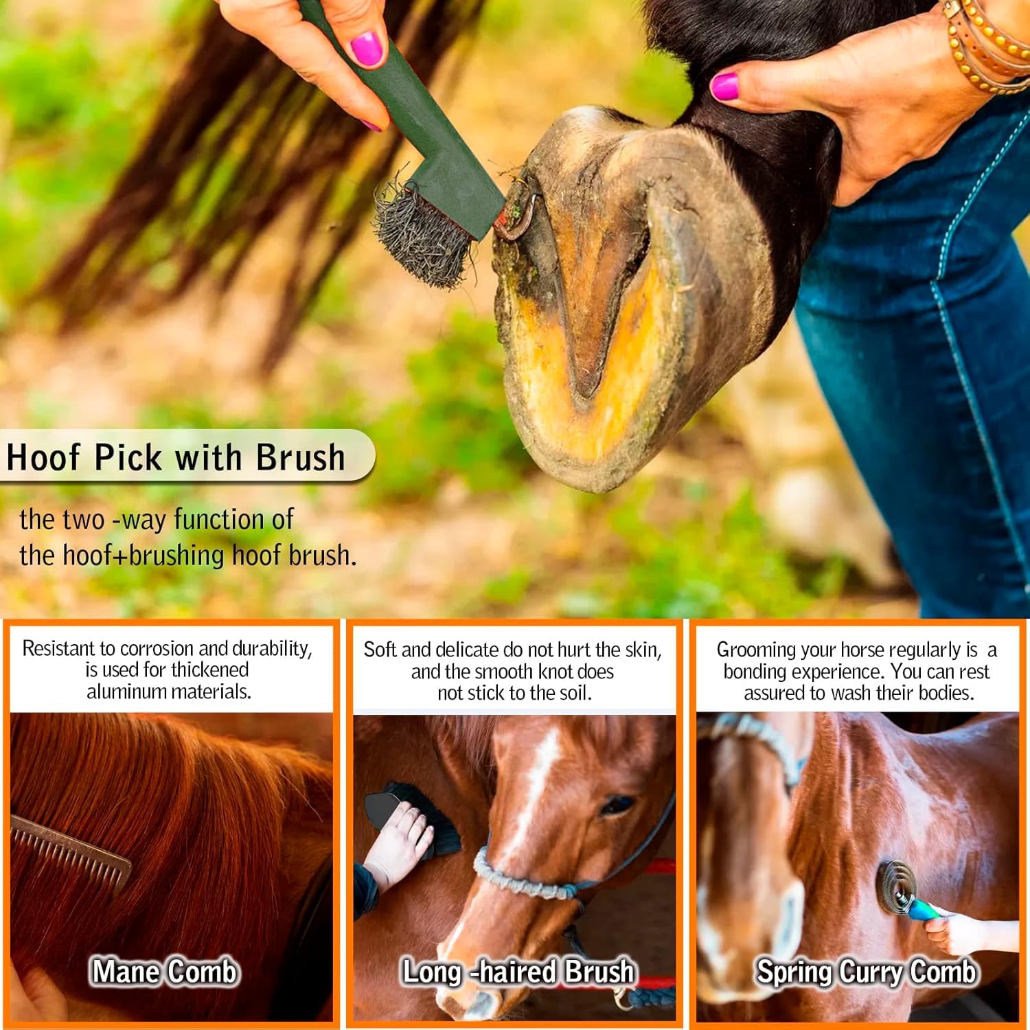 Horse Grooming Kit, Horse Brush Set, 10Pcs Horse Cleaning Kit with Brush, Sweat Scraper, Curry Comb, Hoof Pick, Tote Bag - image 3